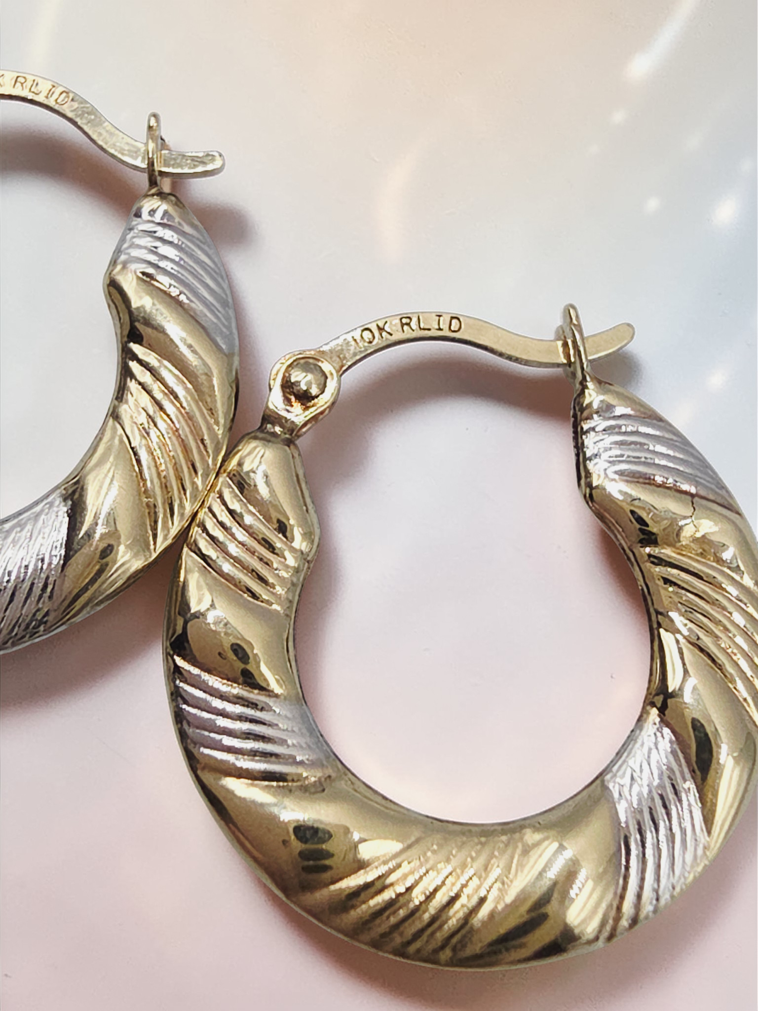 Solid 10K Two-Tone Gold Ribbed Textured Hoop Earrings