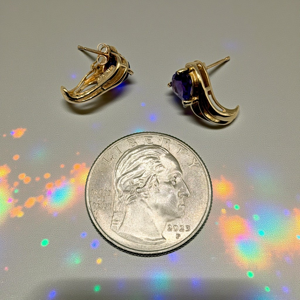 Solid 10K Yellow Gold Stud Earrings with Heart Cut Amethysts