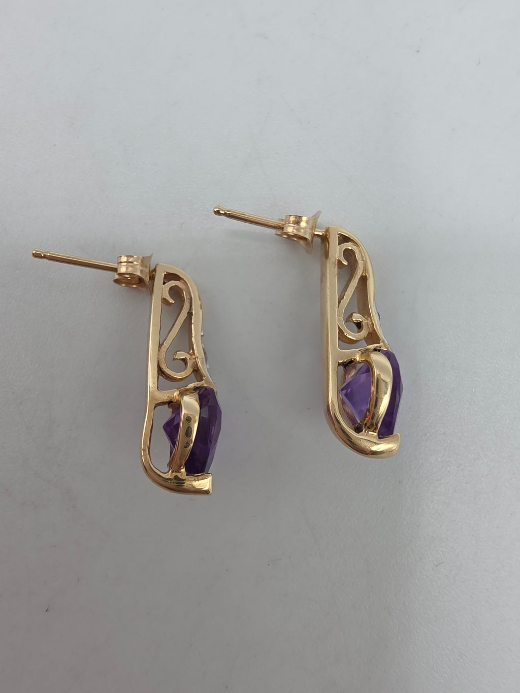 SDC Creations Solid 10K Yellow Gold Heart Cut Amethyst Diamond Drop Earrings
