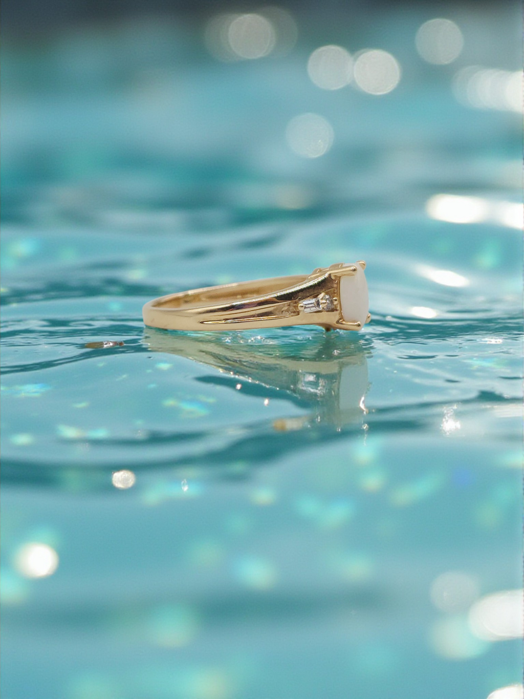 Solid 14K Yellow Gold Ring with Oval-Cut Opal and Diamond Accents - Size 7.25