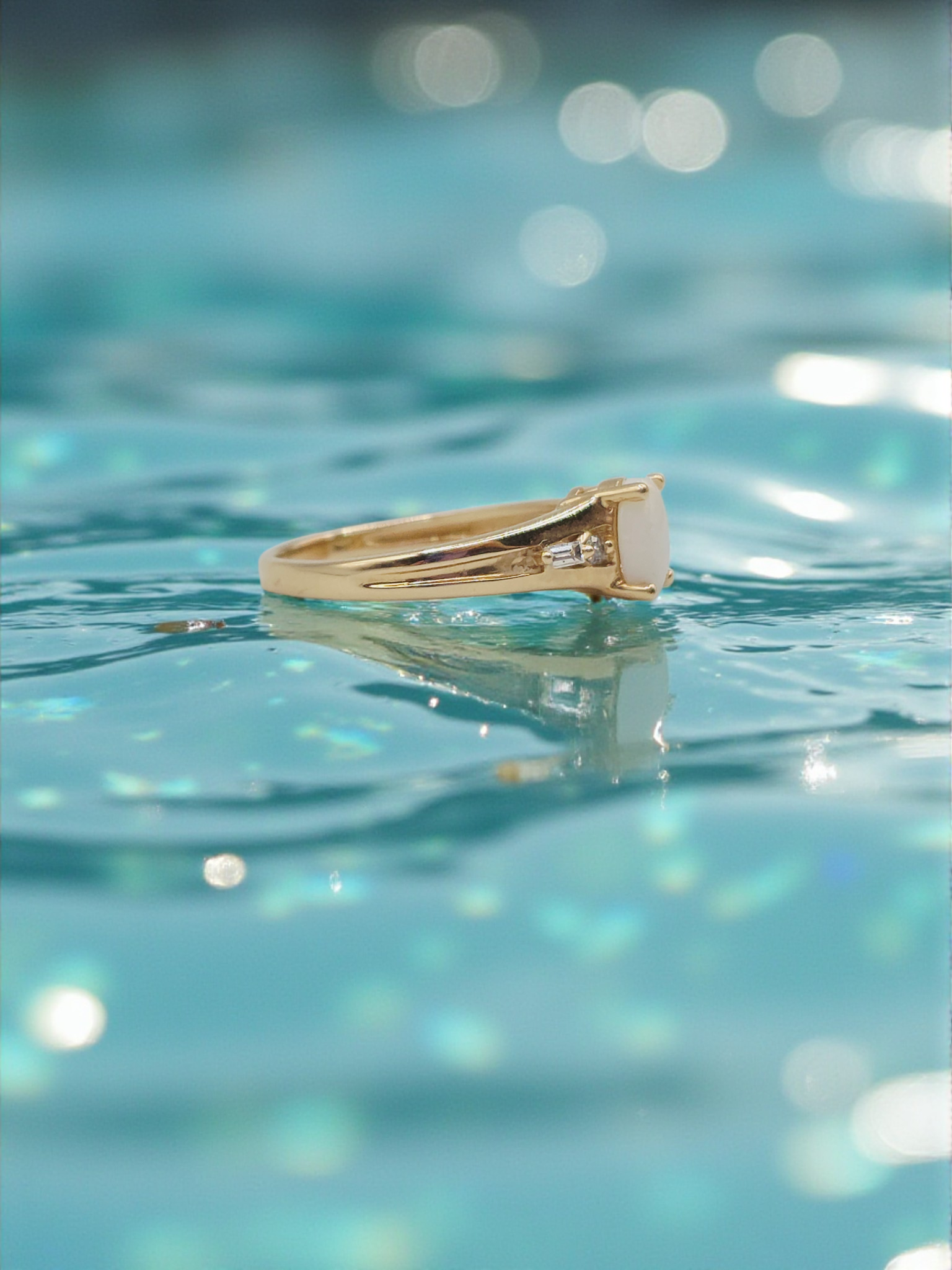 Solid 14K Yellow Gold Ring with Oval-Cut Opal and Diamond Accents - Size 7.25