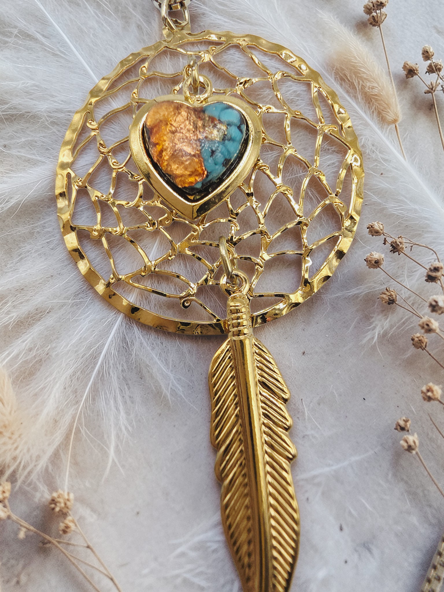 Turquoise Heart Feather Dreamcatcher Pendant with Sterling Silver Italy Necklace