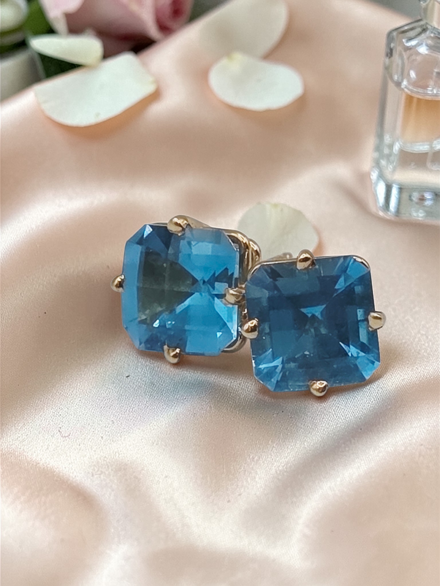 Solid 14K Yellow Gold Cushion Cut Blue Topaz Stud Earrings