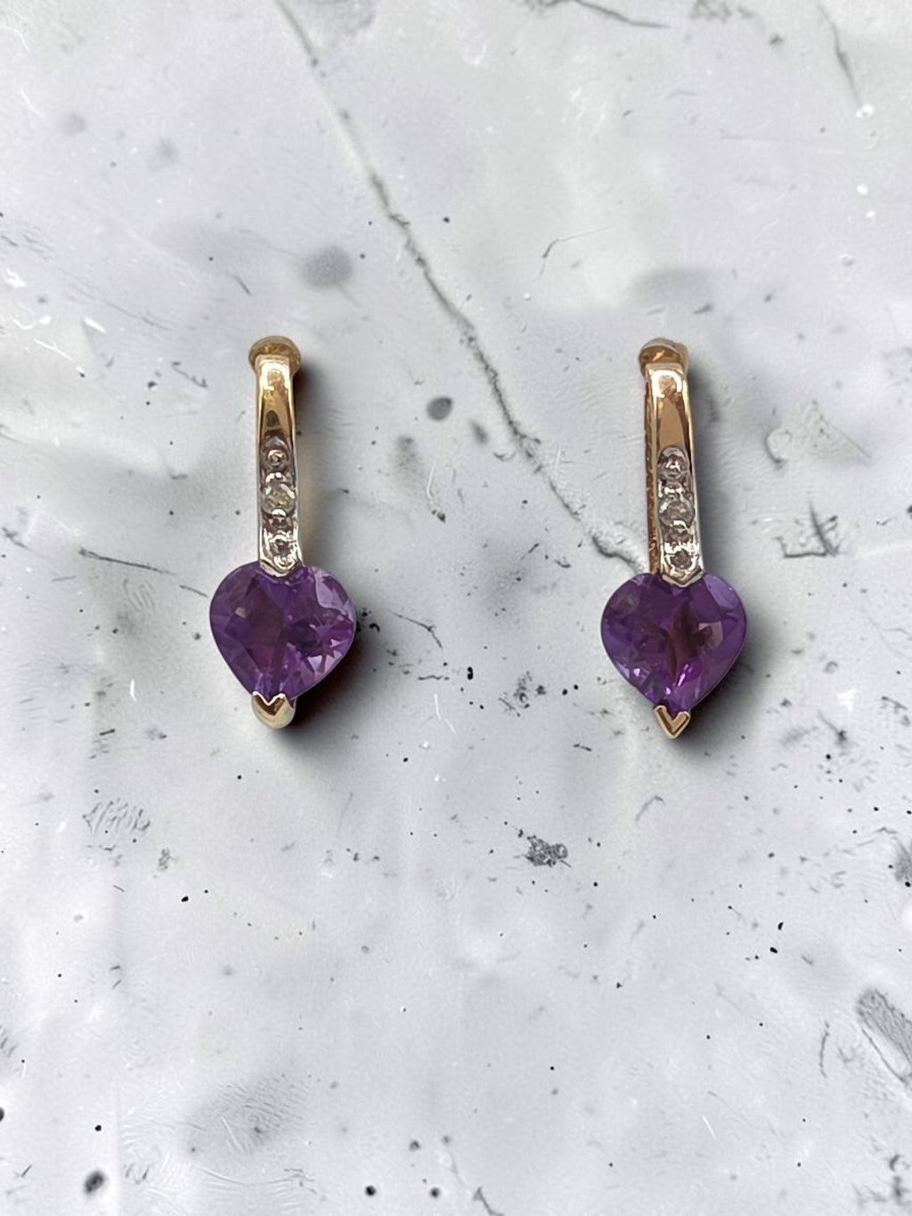 SDC Creations Solid 10K Yellow Gold Heart Cut Amethyst Diamond Drop Earrings