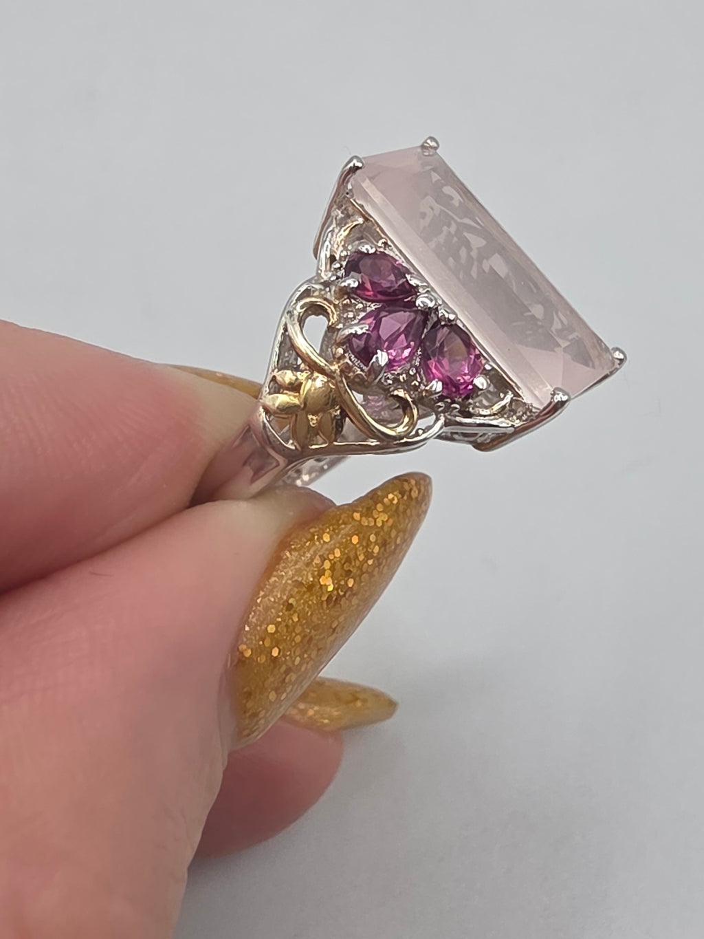STS Jewels Sterling Silver Pink Quarts & Rhodolite Ring 18K Gold Accents Size 7