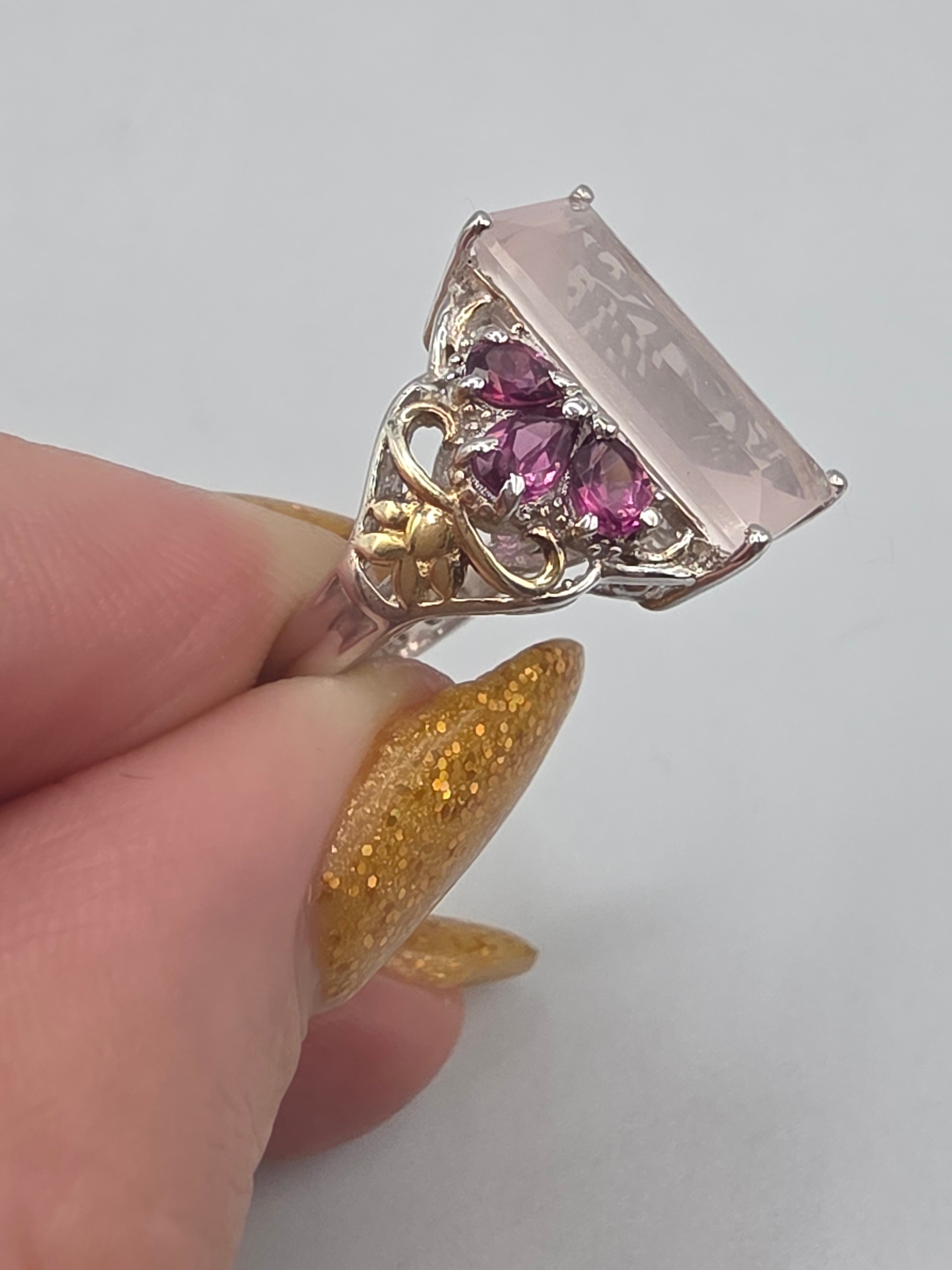 STS Jewels Sterling Silver Pink Quarts & Rhodolite Ring 18K Gold Accents Size 7