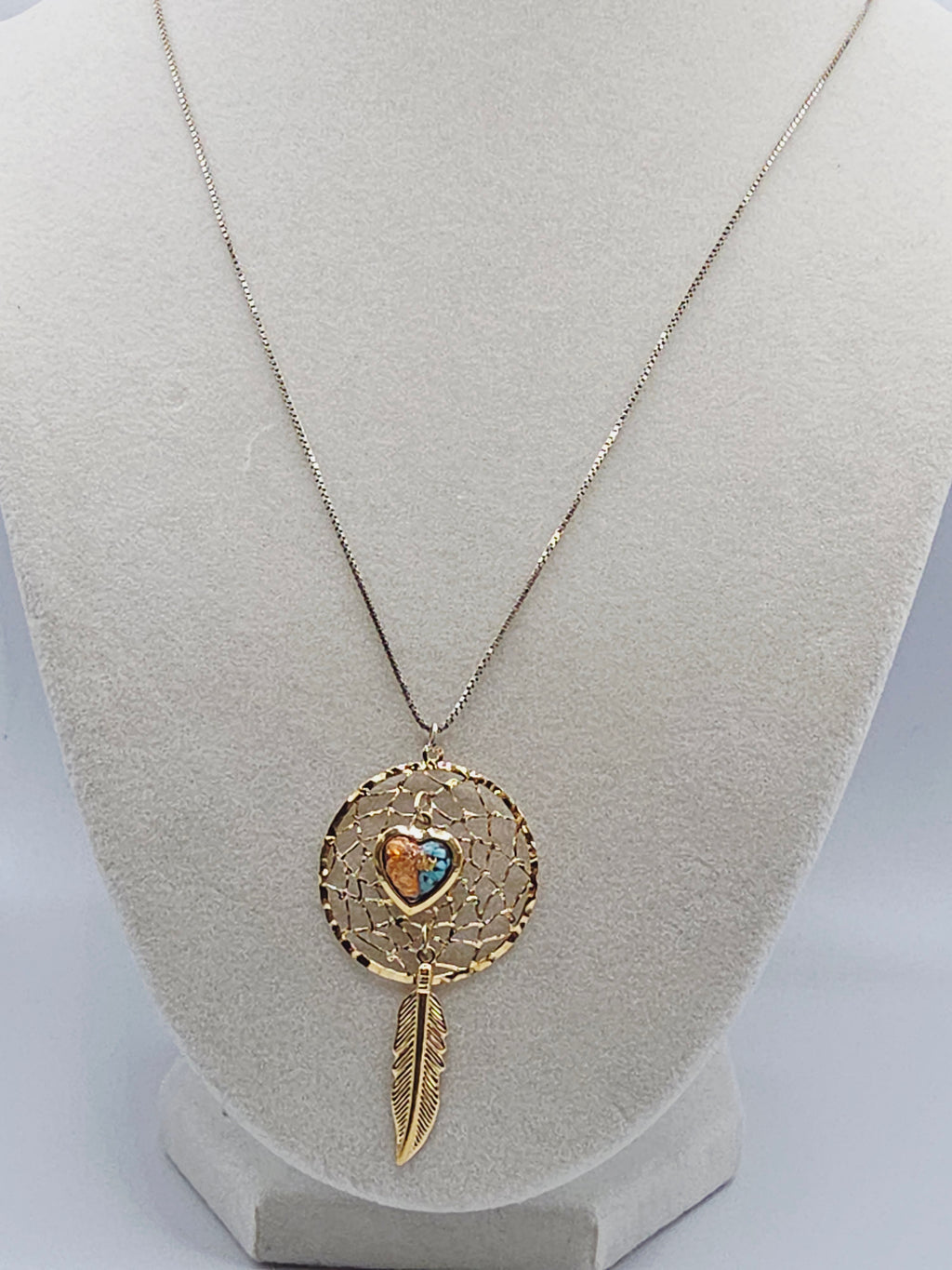 Turquoise Heart Feather Dreamcatcher Pendant with Sterling Silver Italy Necklace