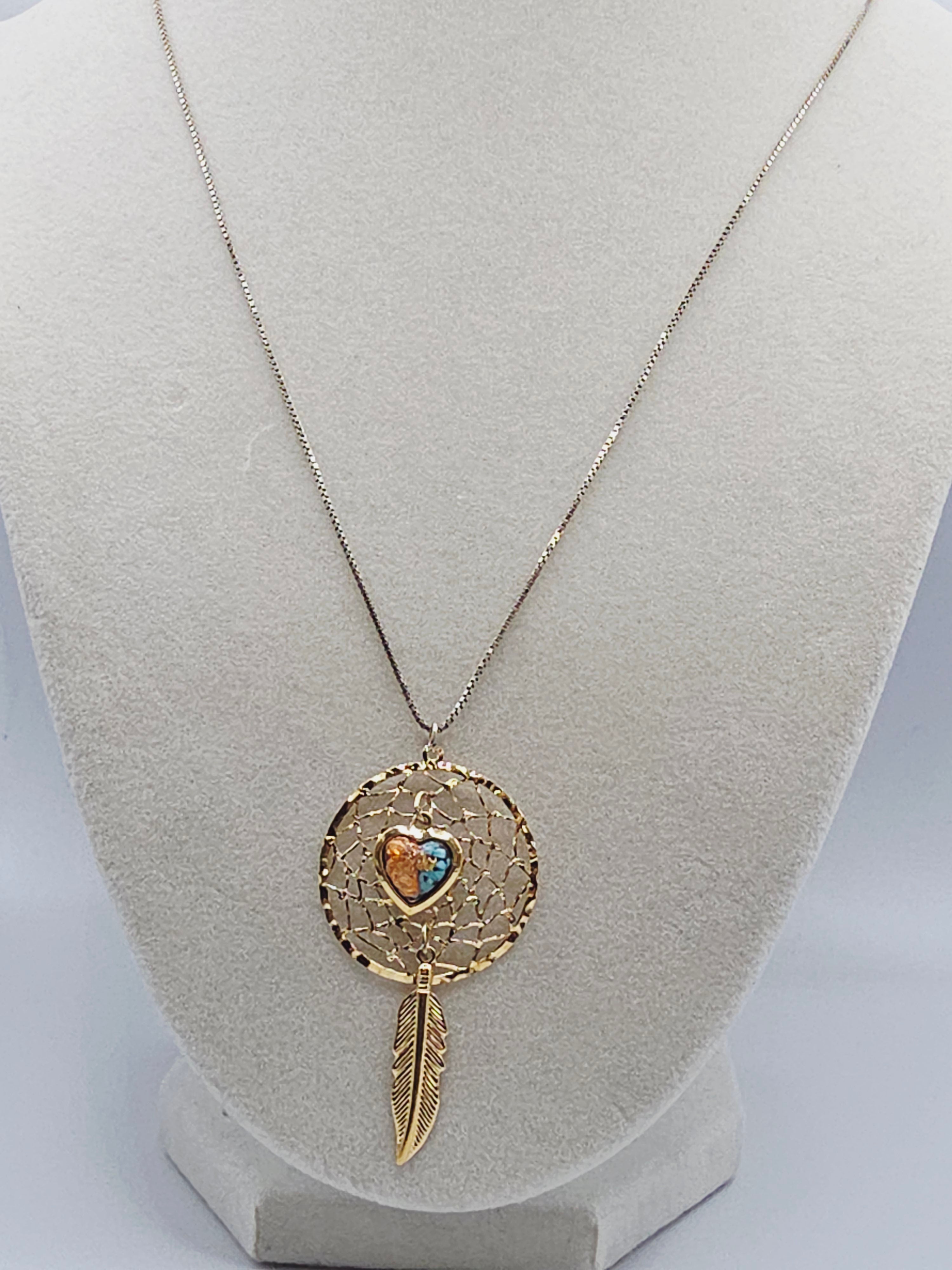 Turquoise Heart Feather Dreamcatcher Pendant with Sterling Silver Italy Necklace
