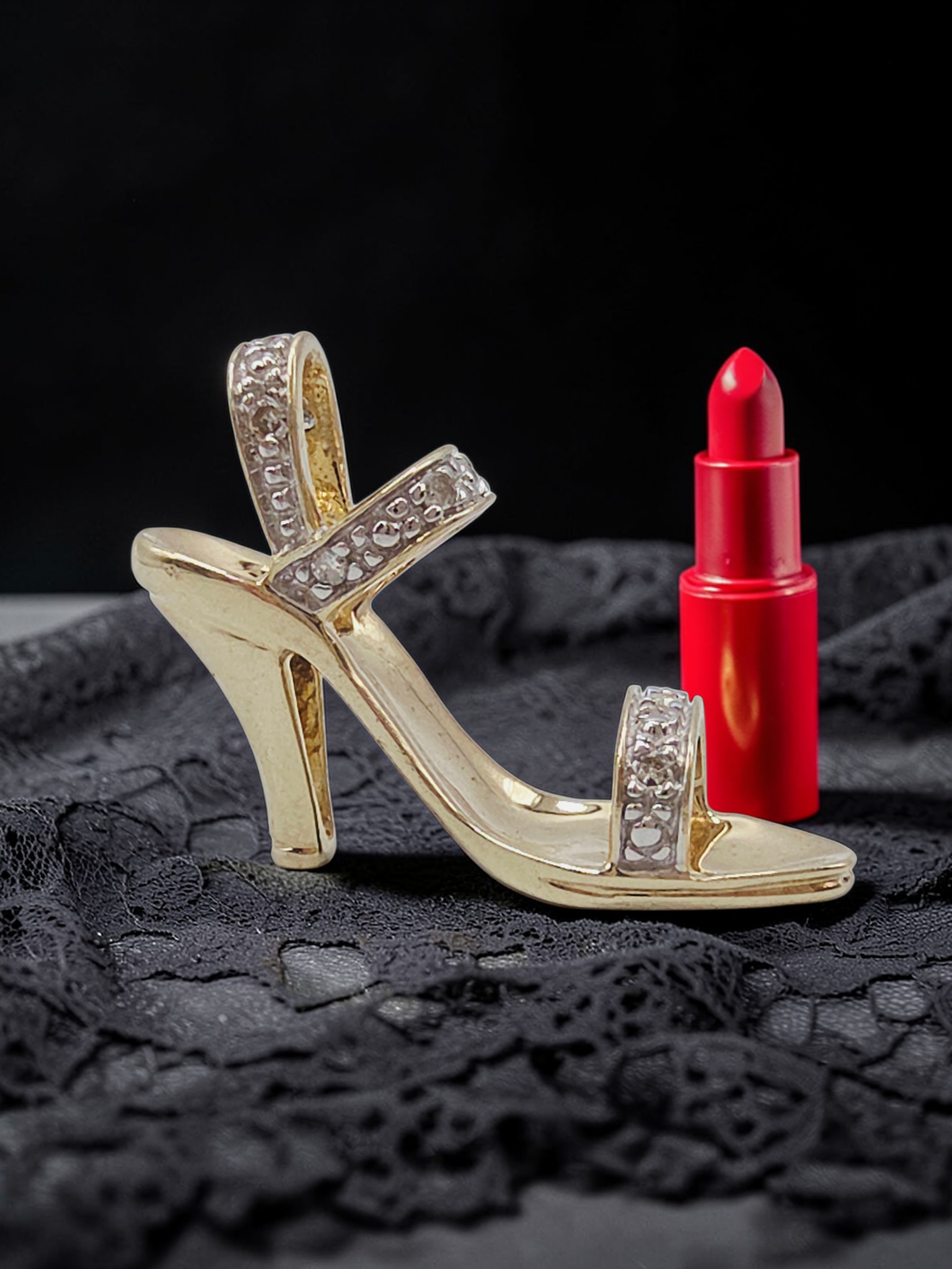 Solid 10K Gold High Heel Stiletto Necklace Pendant with Diamond Accents