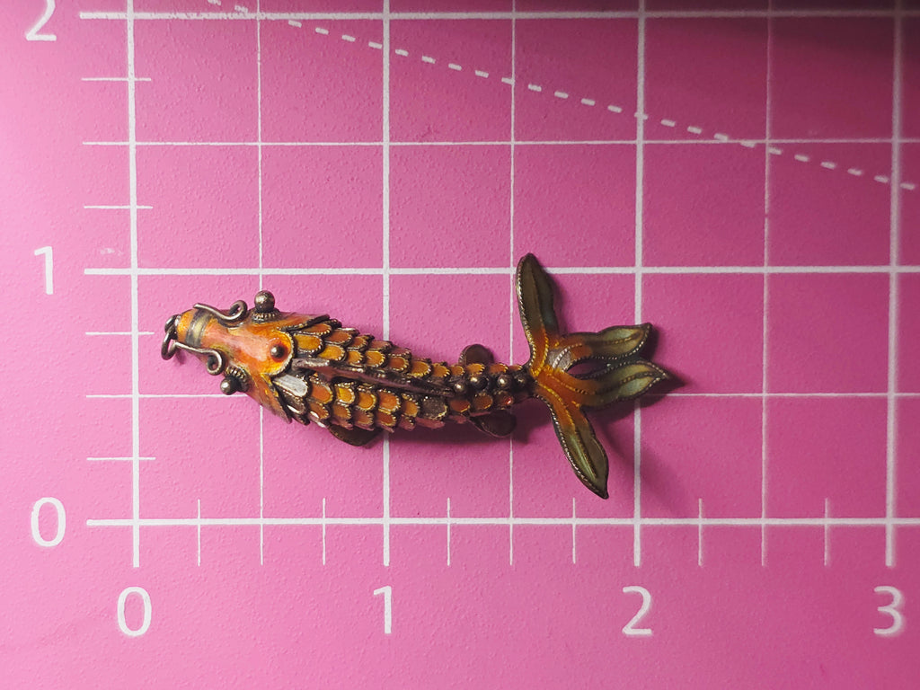 925 Sterling Silver Orange Enamel Koi Fish Articulating Necklace Pendant