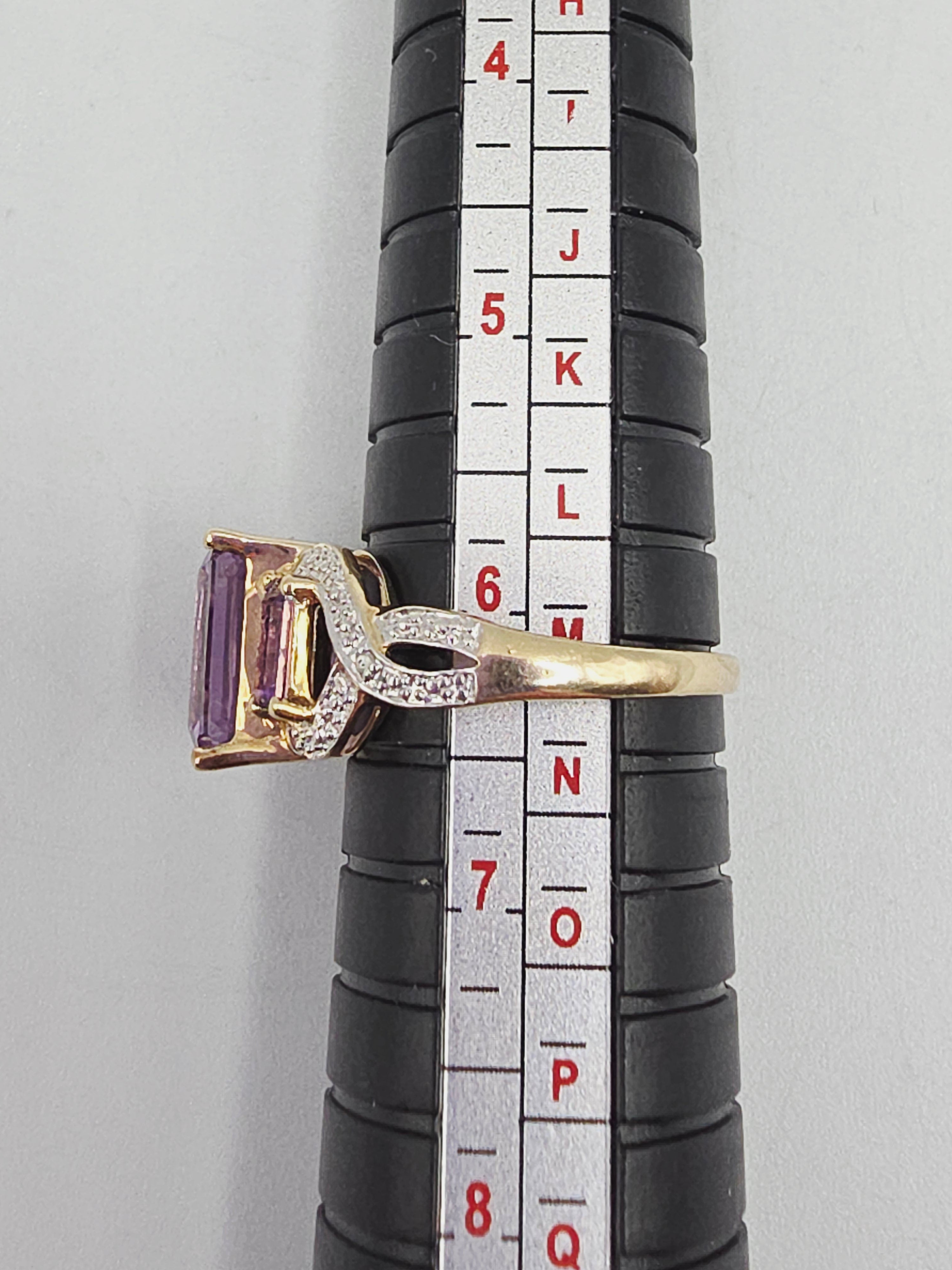 Solid 10K Yellow Gold Ring with Amethysts & Diamond Accents - Size 6.25