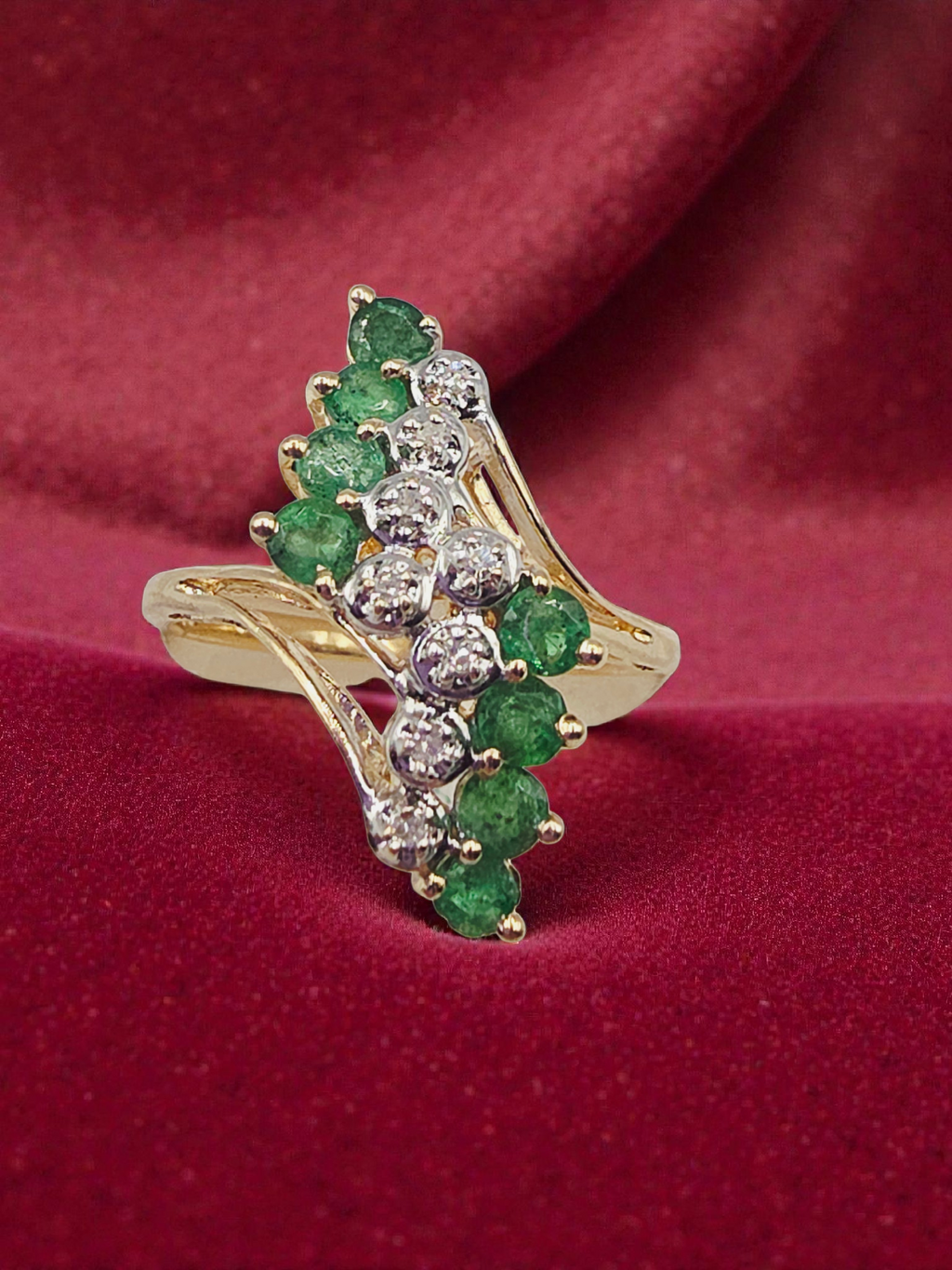 Solid 14K Yellow Gold Ring with Round Cut Emeralds & Diamonds - Size 8