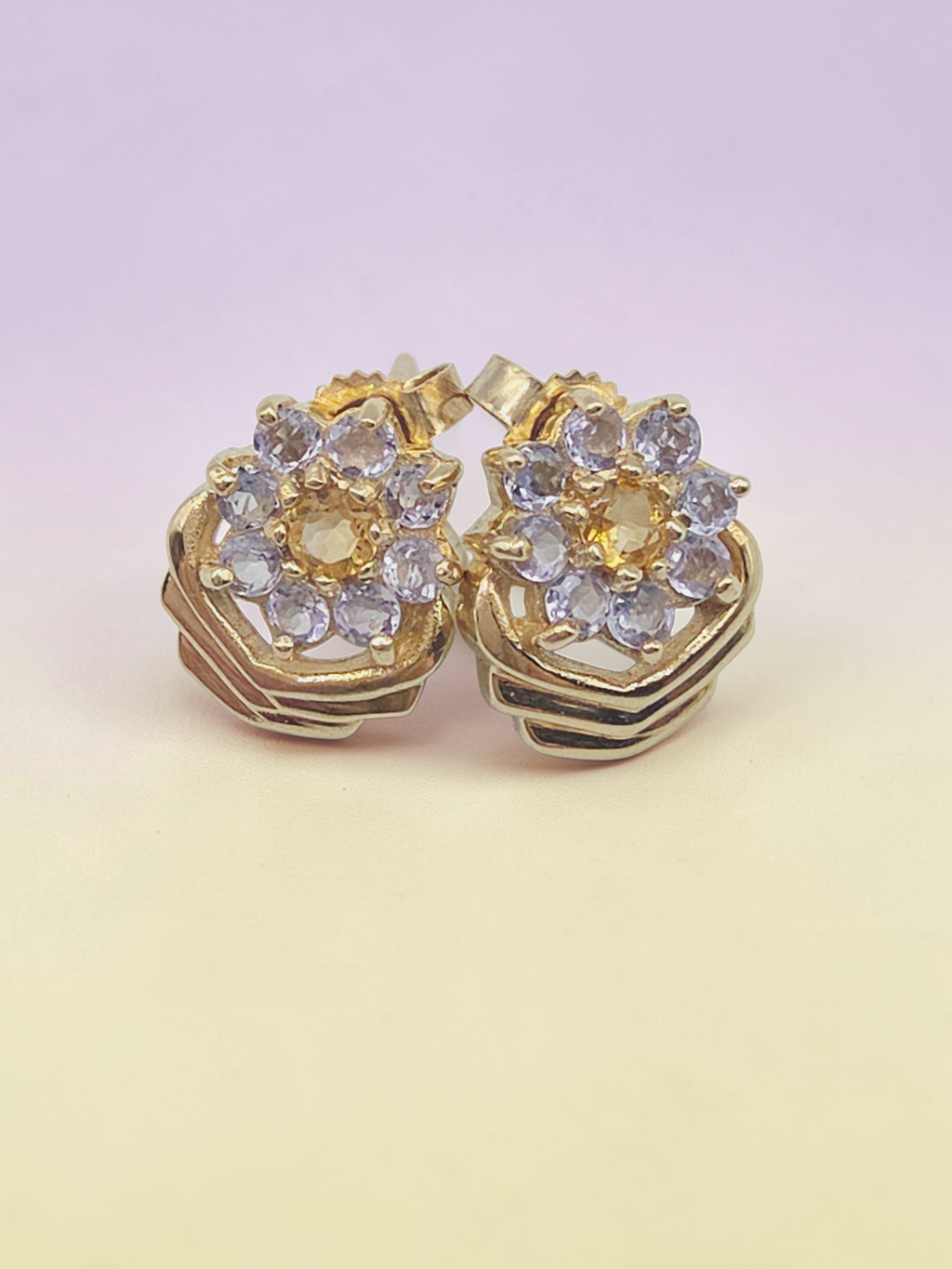Solid 10K Yellow Gold Citrine & Tanzanite Floral Stud Earrings