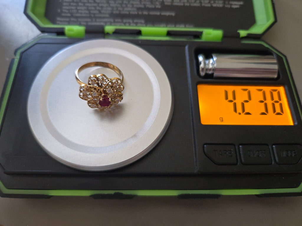 Solid 18K Yellow Gold Filigree Flower Ring with Ruby and Diamonds – Size 6.5