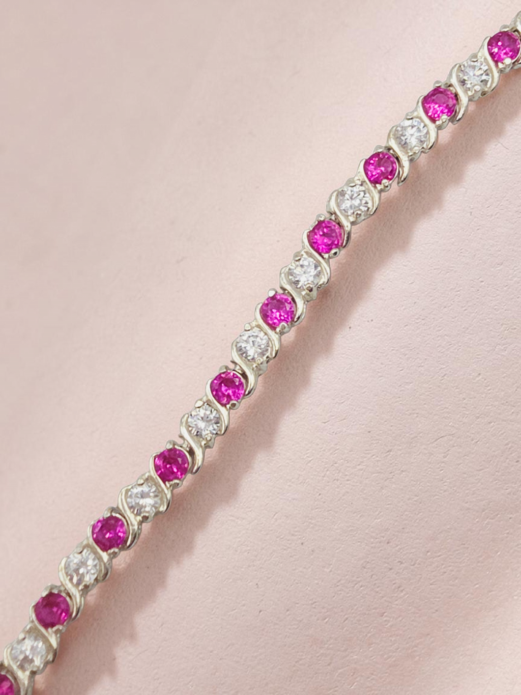 925 Sterling Silver Pink Sapphire Tennis Bracelet with CZ Accents - 7.5 Inch