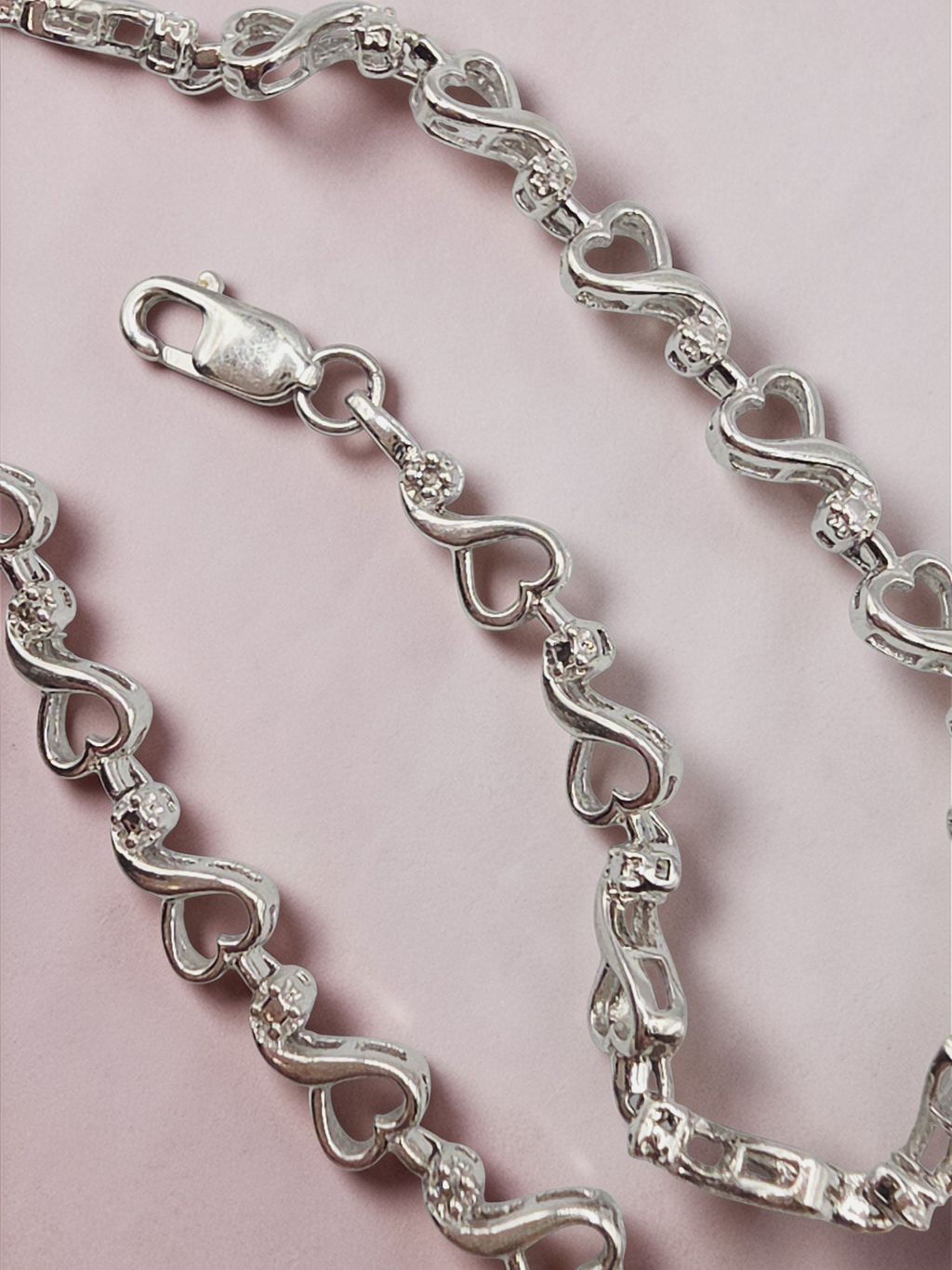 Solid 10K White Gold Heart Link Bracelet with Diamond Accents - 7.25 Inch