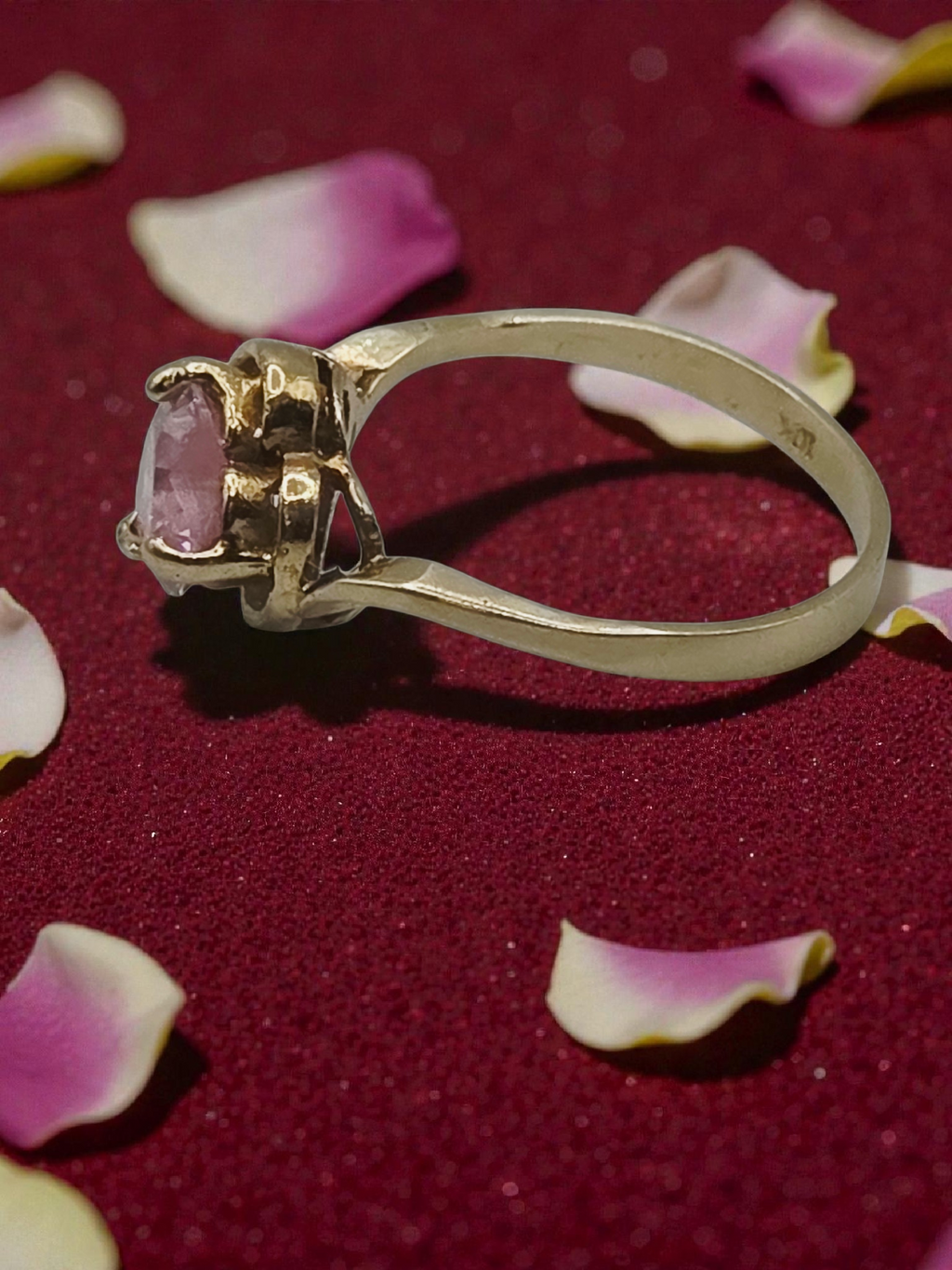 Solid 10K Yellow Gold Ring with Heart-Cut Pink Tourmaline - Sz 7