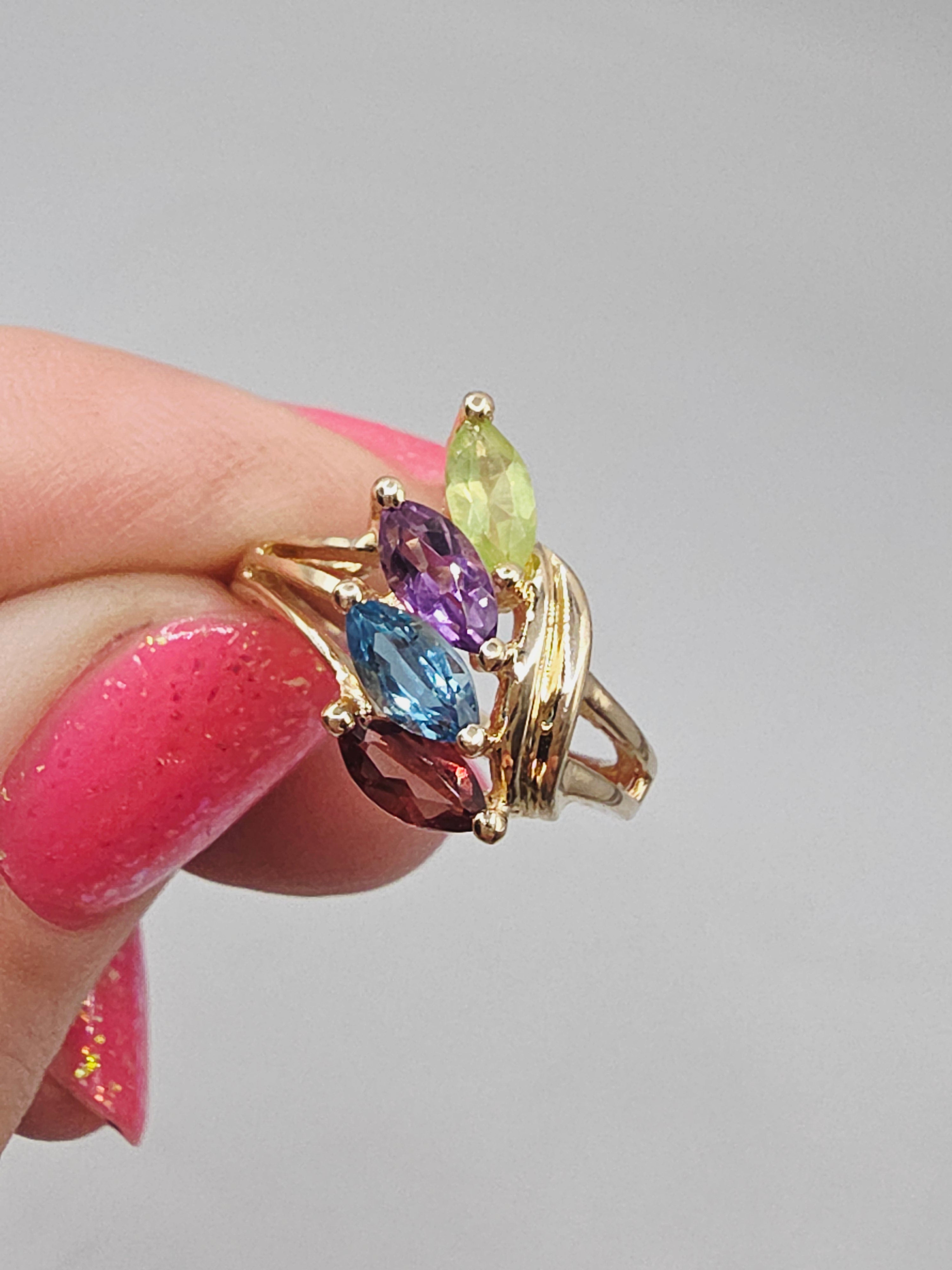 Solid 10K Yellow Gold Ring with Topaz Amethyst Peridot Garnet - Size 5