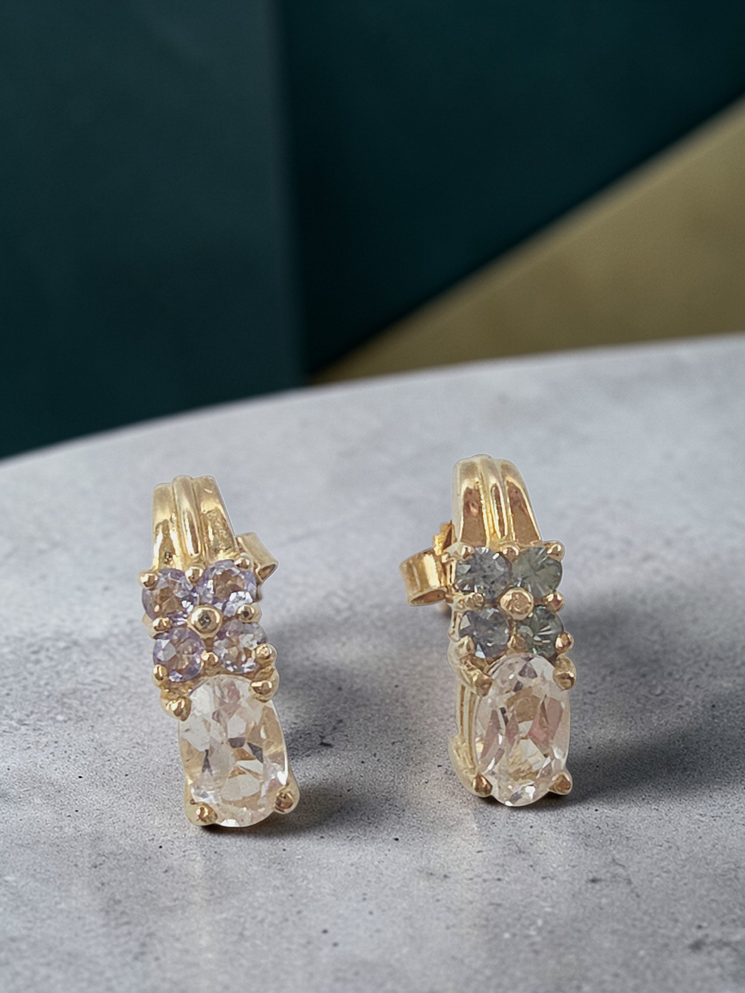 Solid 10K Yellow Gold White Topaz Stud Earrings with Blue & Purple Gemstones
