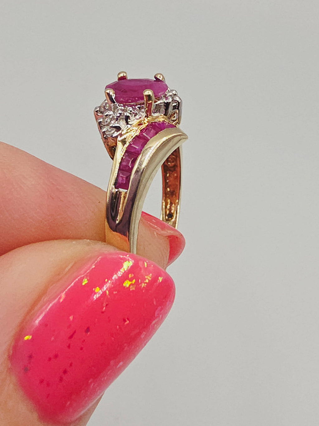 Solid 10K Yellow Gold Ring with Oval-Cut Ruby and Ruby & Diamond Accents - Size 7