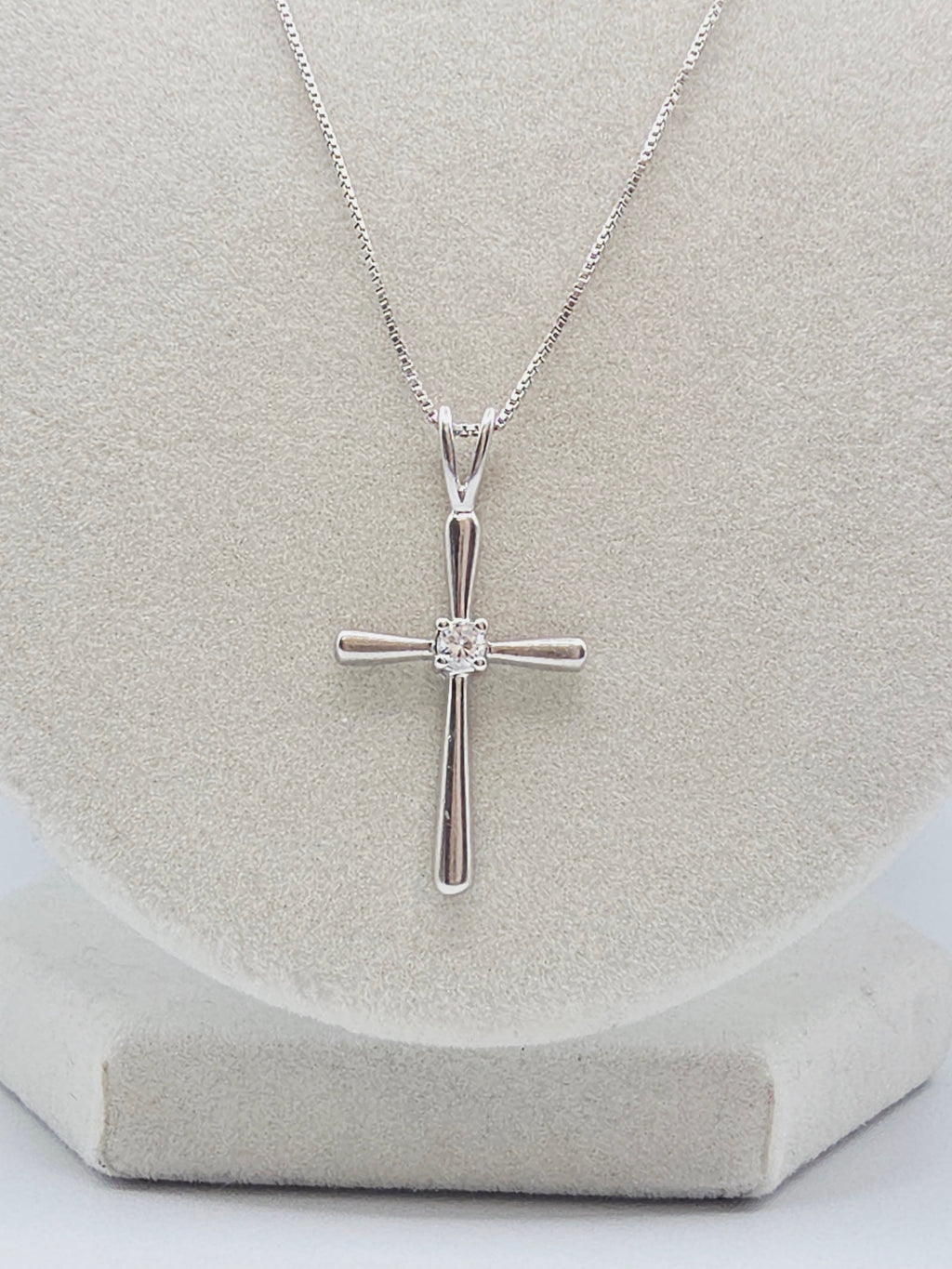 Sterling Silver Cross Pendant Boxchain Necklace with CZ Accent - 20 Inch