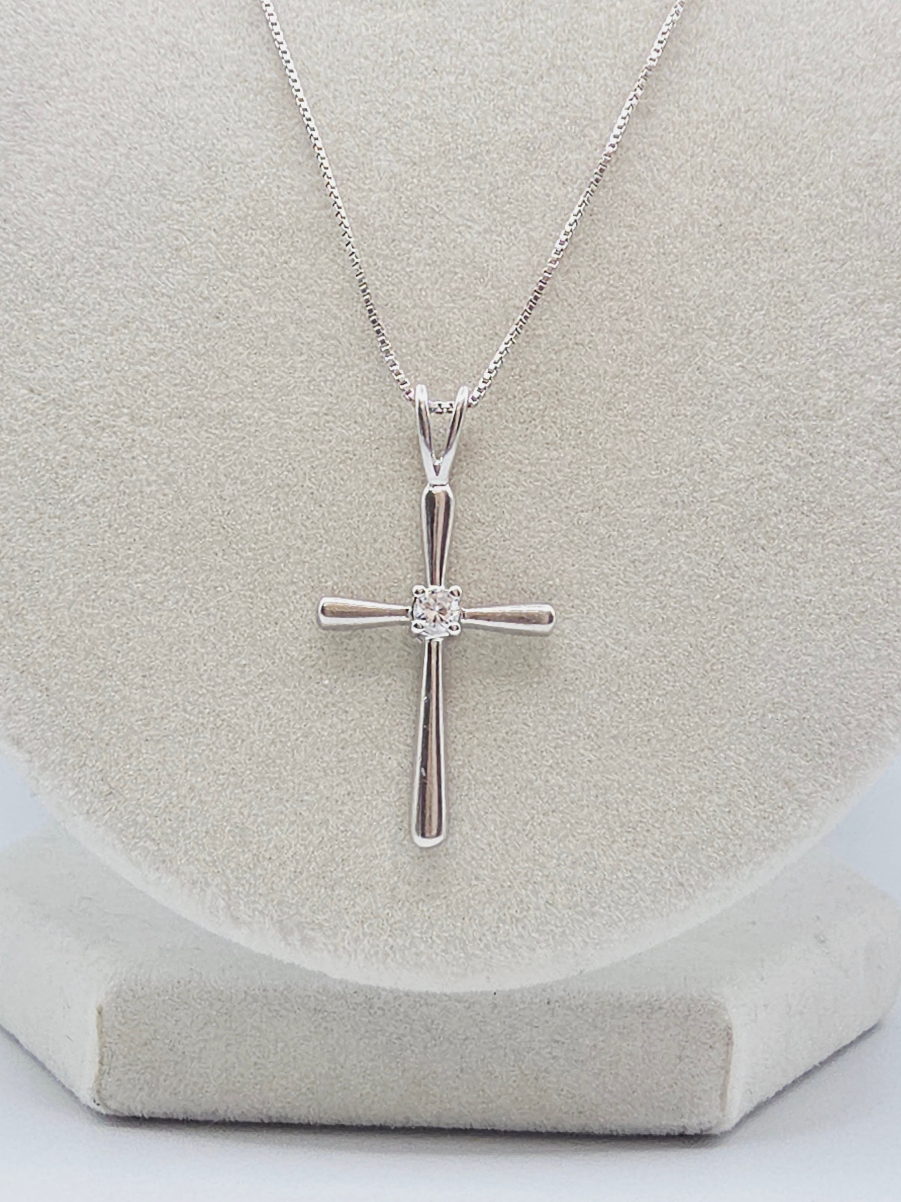 Sterling Silver Cross Pendant Boxchain Necklace with CZ Accent - 20 Inch