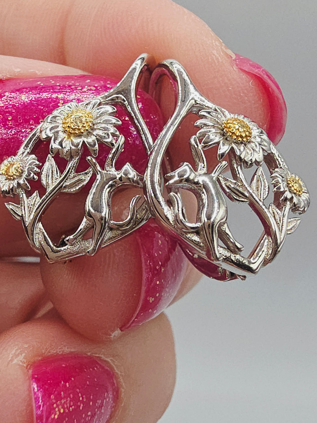 925 Sterling Silver Kitty Cat & Sunflower Leverback Drop Earrings with 24K Gold Accents