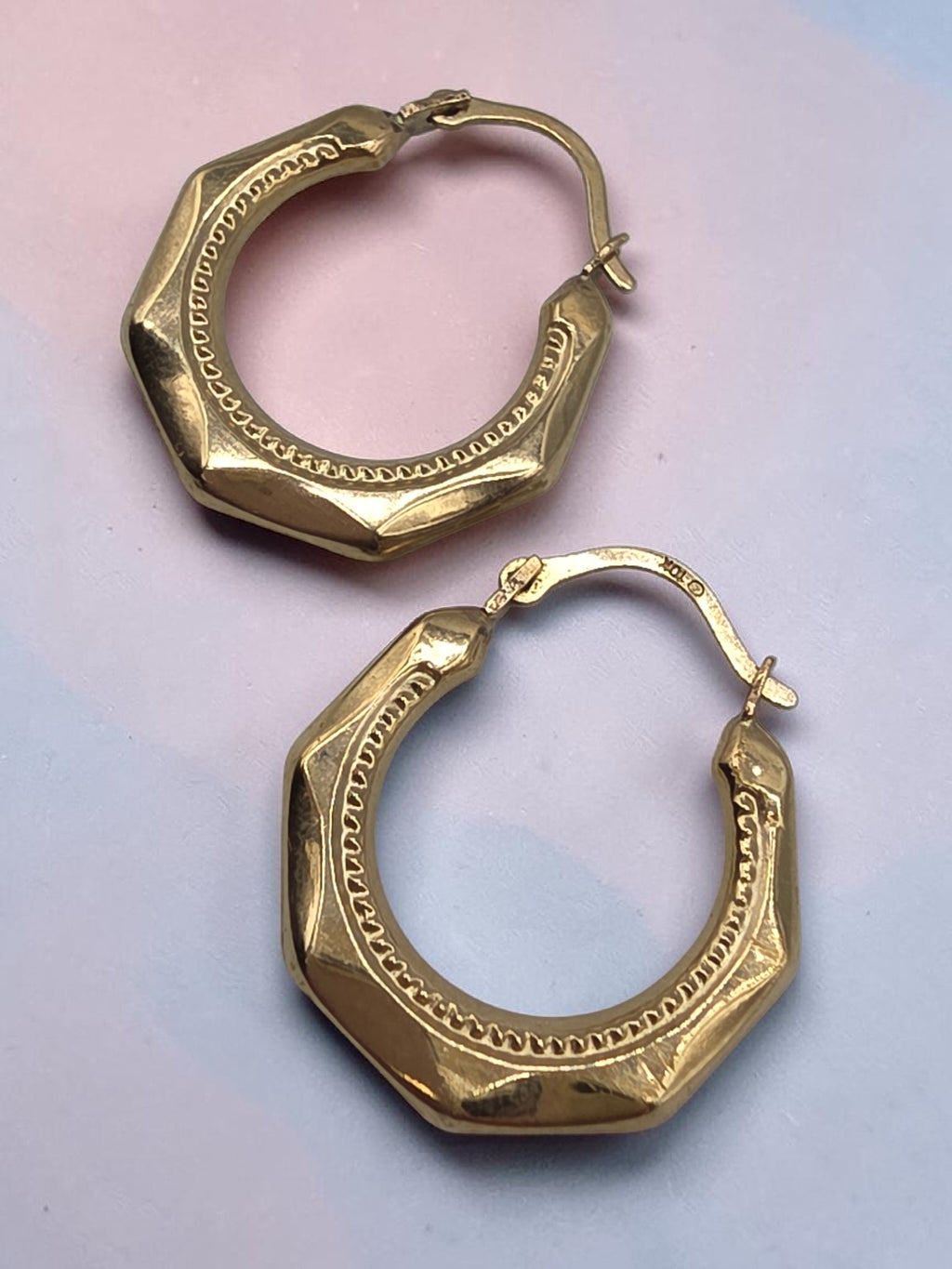 Vintage Solid 10K Yellow Gold Faceted Octagon Creole Hoop Earrings