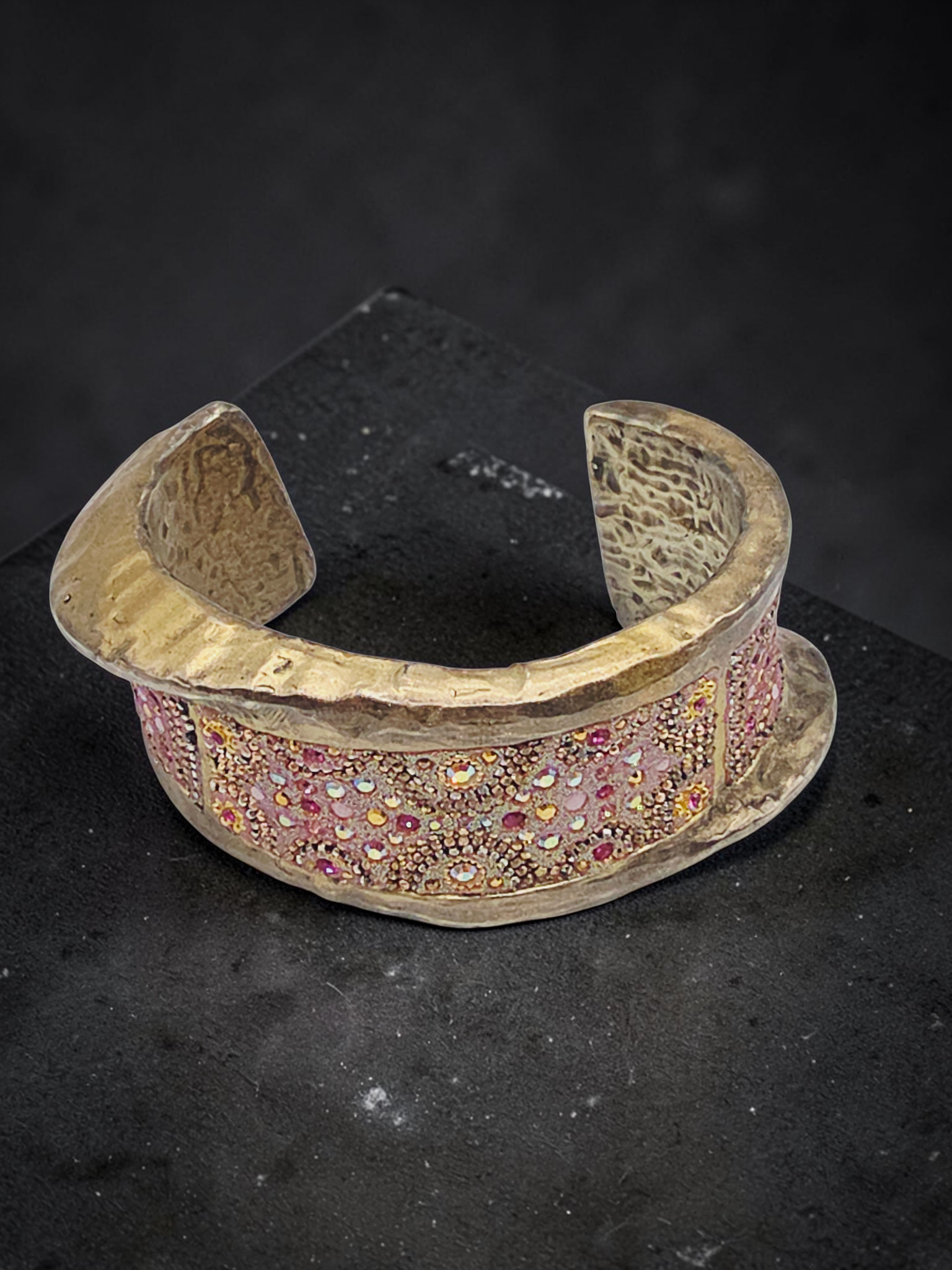 925 Sterling Silver Gold Vermeil Cuff Bracelet with Crystal Beadwork