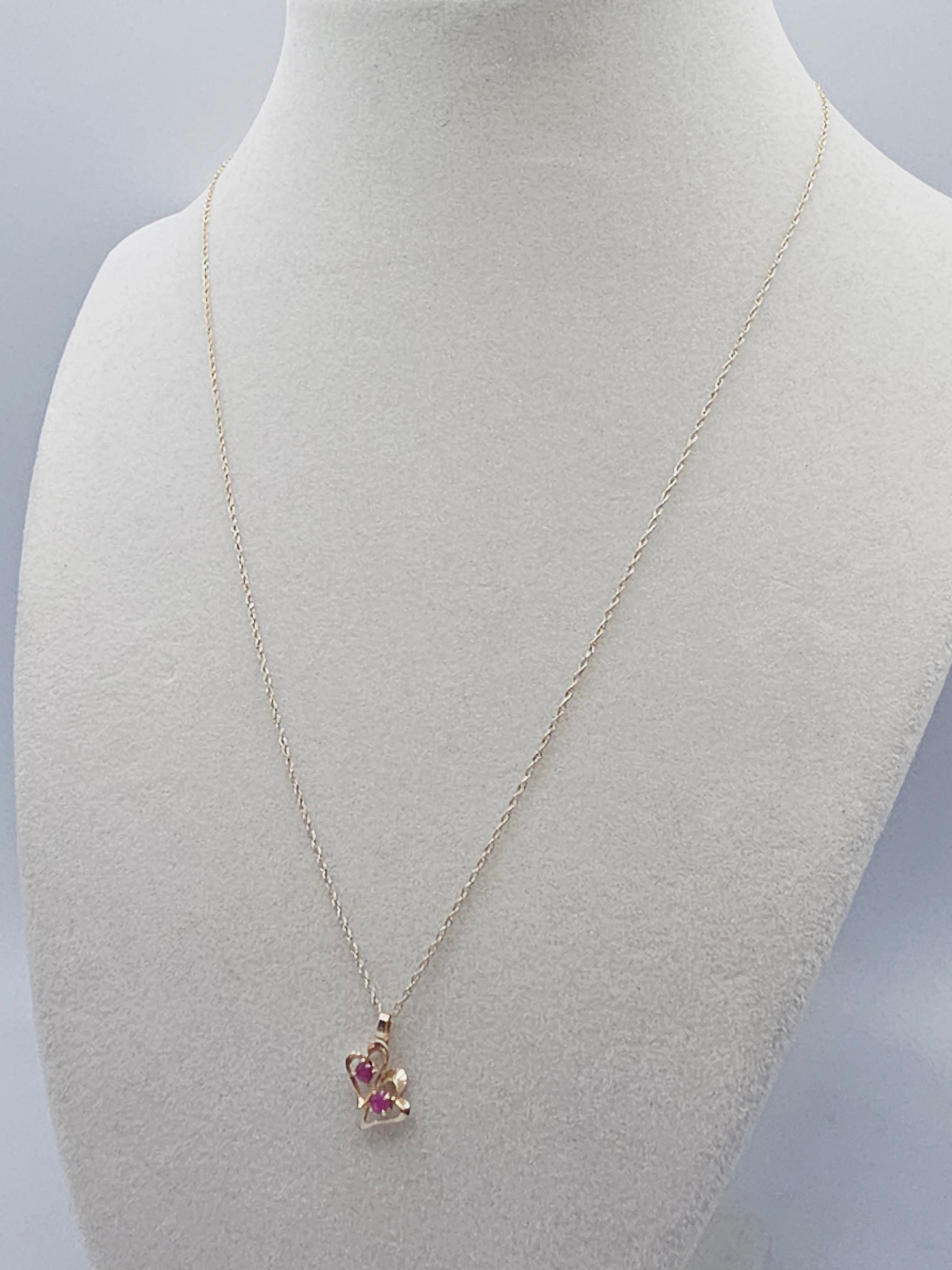 Solid 14K Yellow Gold Double Ruby Heart Pendant Necklace - 18 Inch