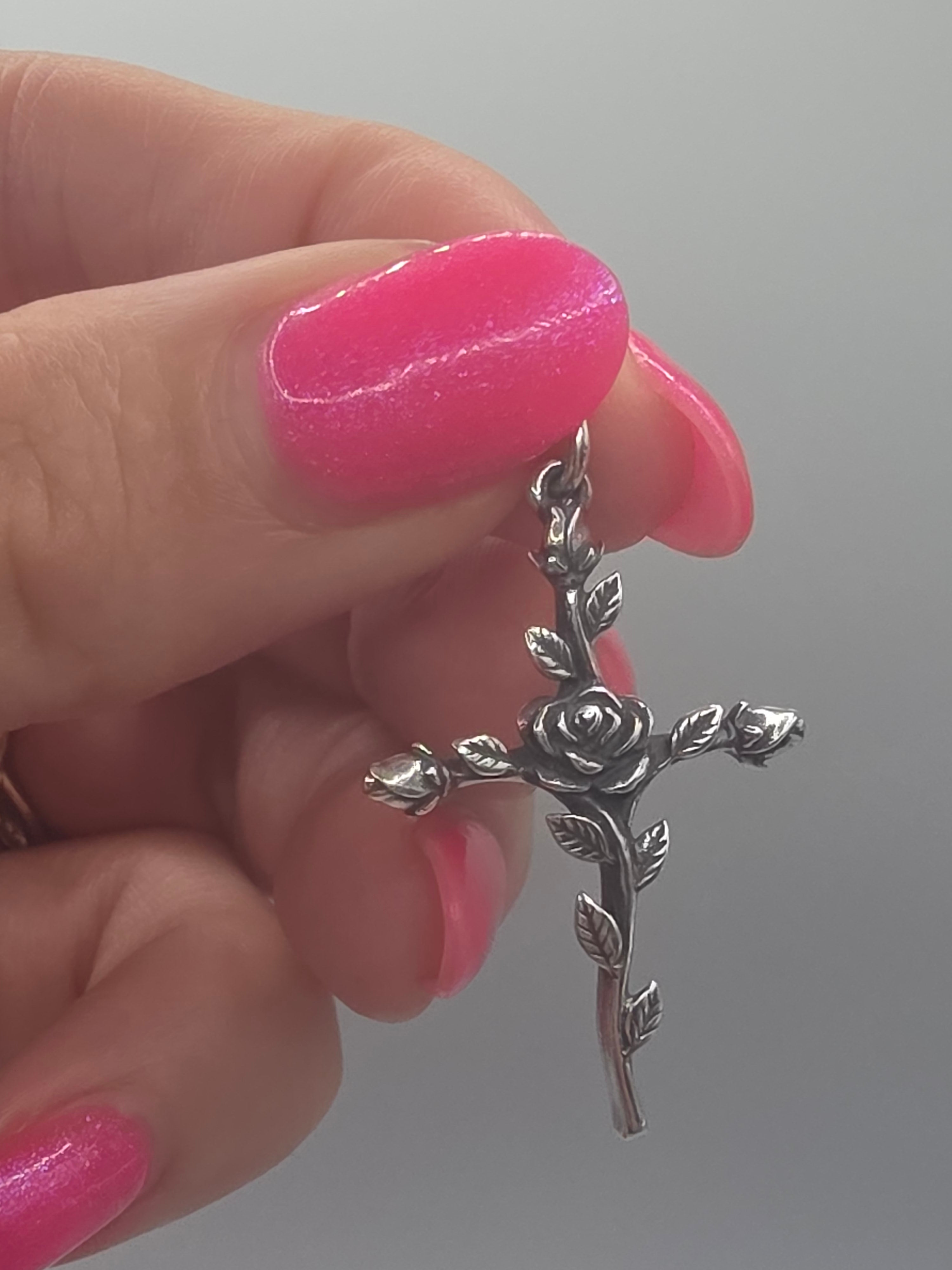 RETIRED James Avery 925 Sterling Silver Rose Covered Cross Charm Pendant Rosebud