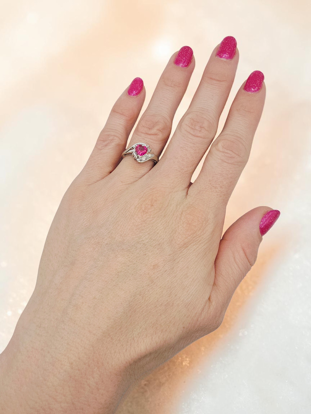 Solid 10K White Gold Heart Ruby Ring with White Topaz Accents - Size 6.75