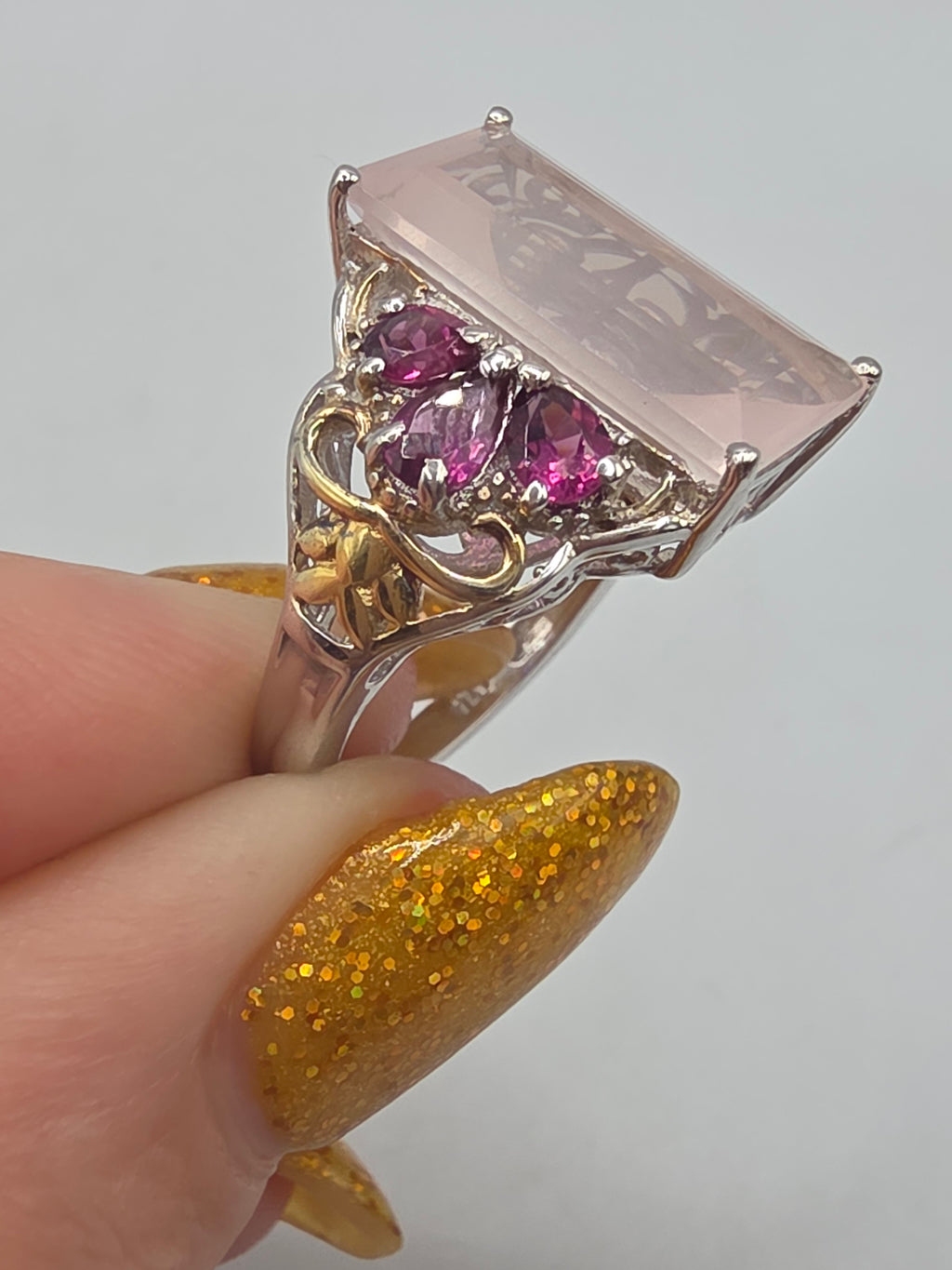 STS Jewels Sterling Silver Pink Quarts & Rhodolite Ring 18K Gold Accents Size 7