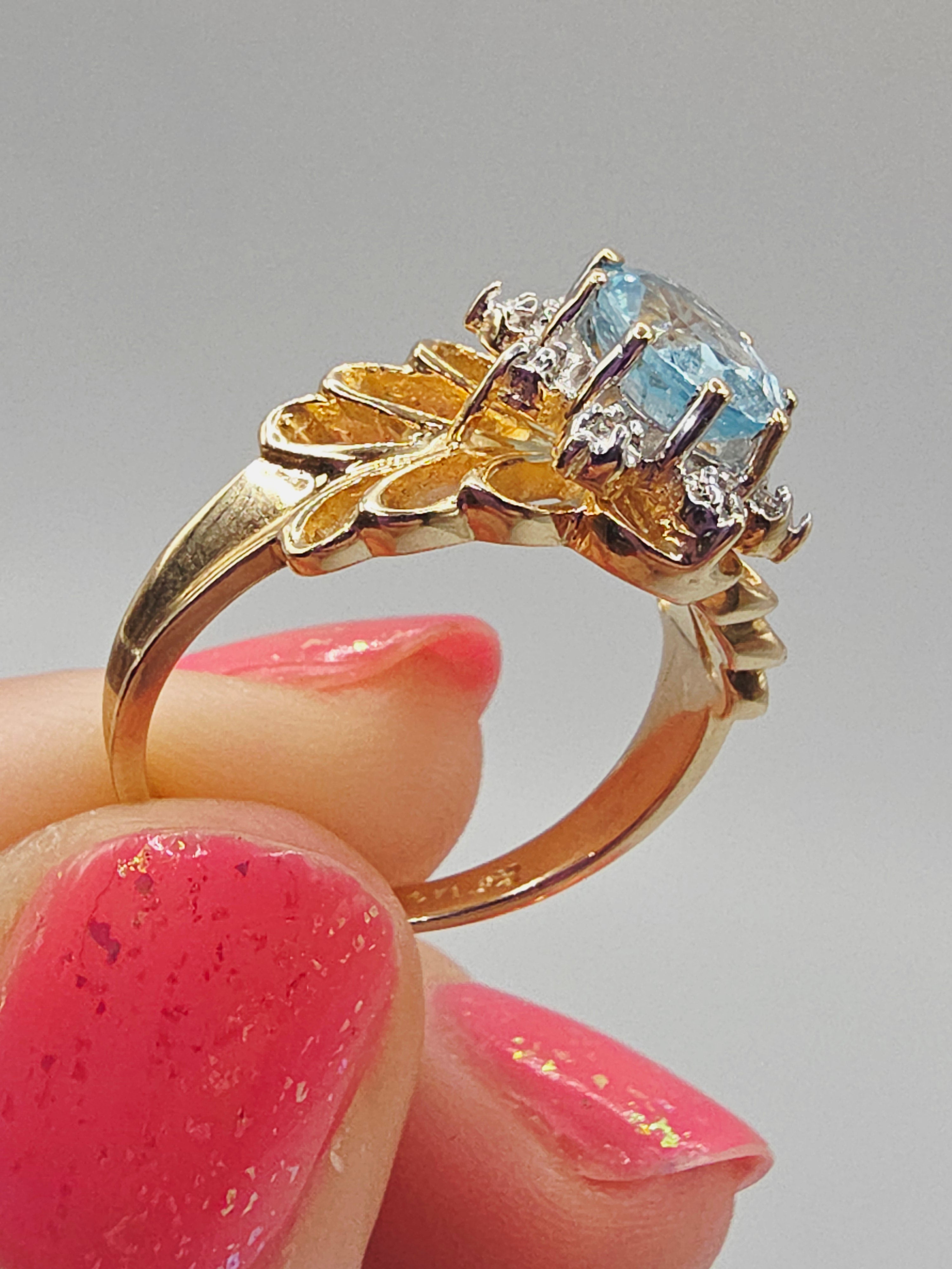 Solid 10K Yellow Gold Ring with Blue Topaz & Diamond Accents - Size 7.75