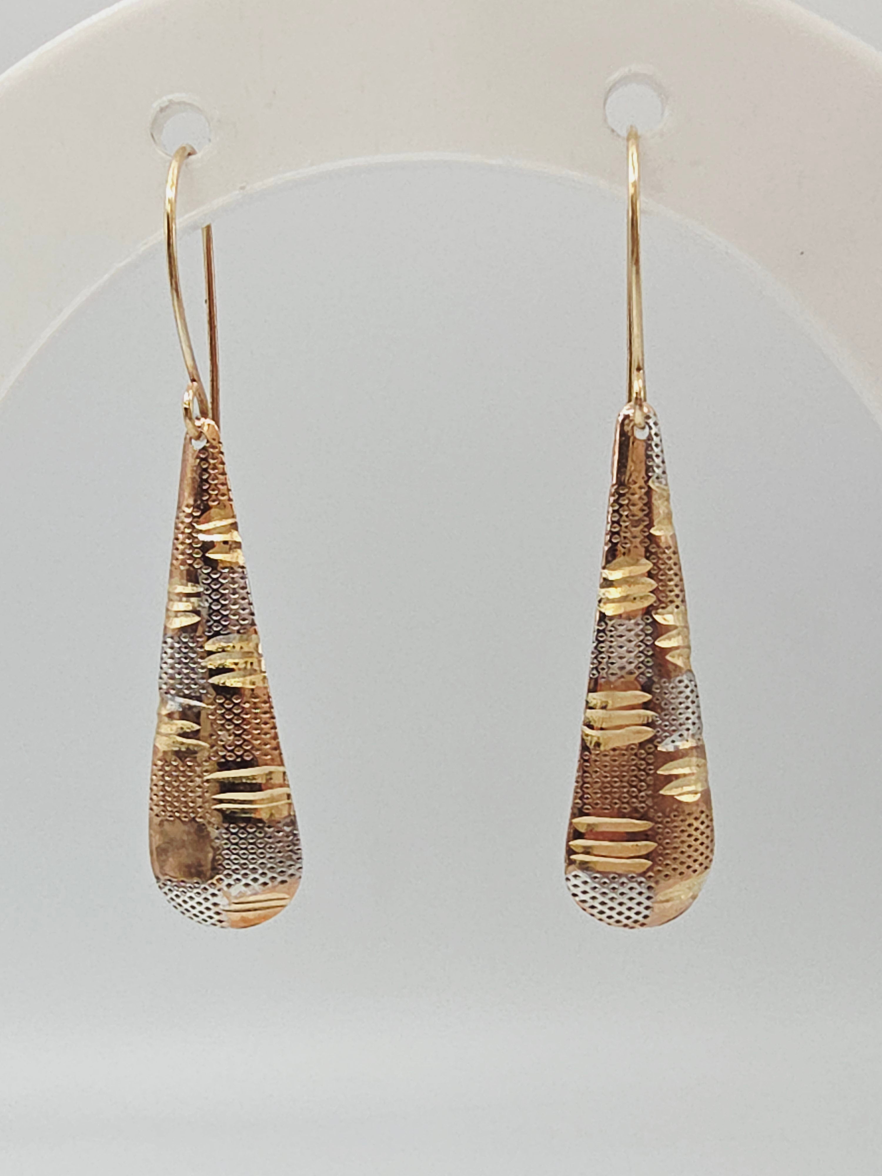 Solid 14K Two Tone Textured Gold Drop Dangle Earrings