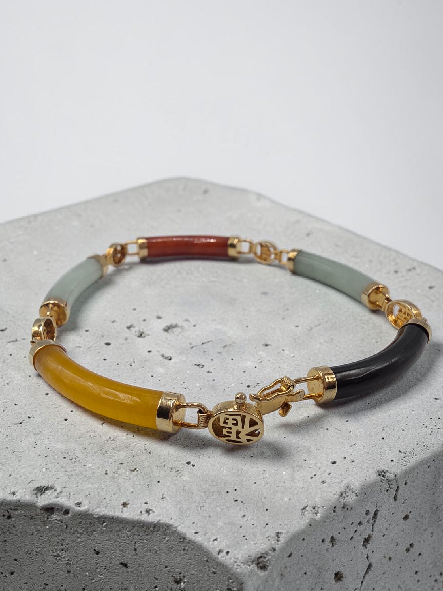 Rainbow Multi Color Jade Sterling Silver 18K Gold Vermeil Bracelet 8 Inch