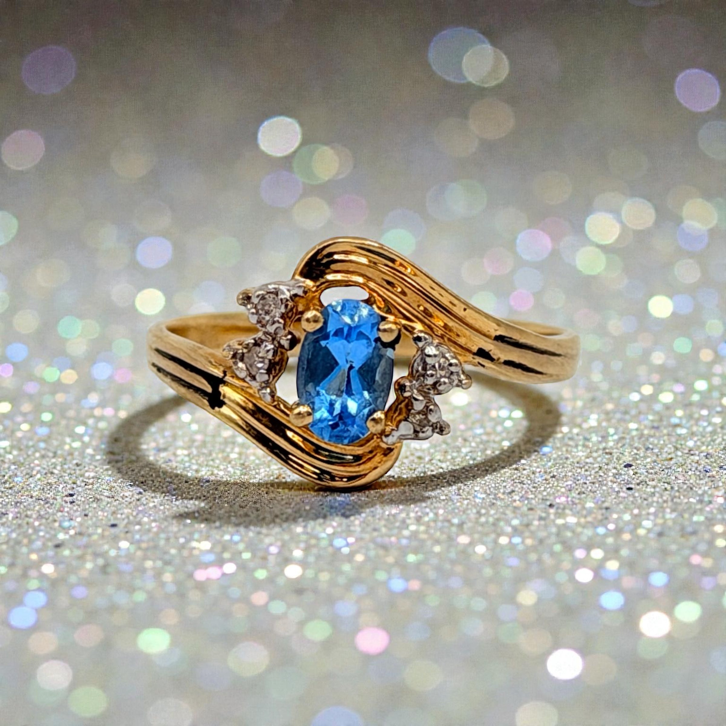 Solid 10K Yellow Gold Ring with Oval Cut Blue Topaz and Diamond Accents Size 7