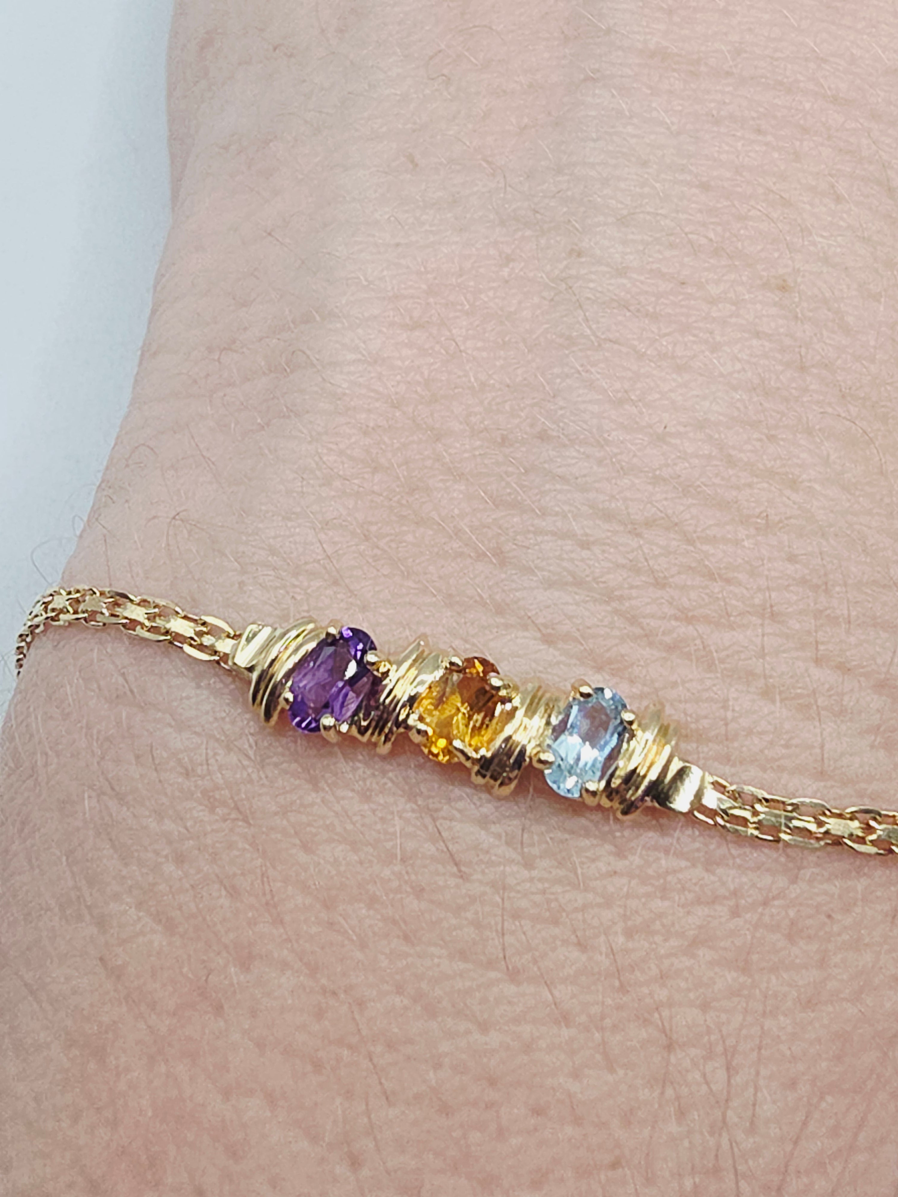 Solid 14K Gold Bracelet with Amethyst, Citrine, and Blue Topaz - 7 Inch