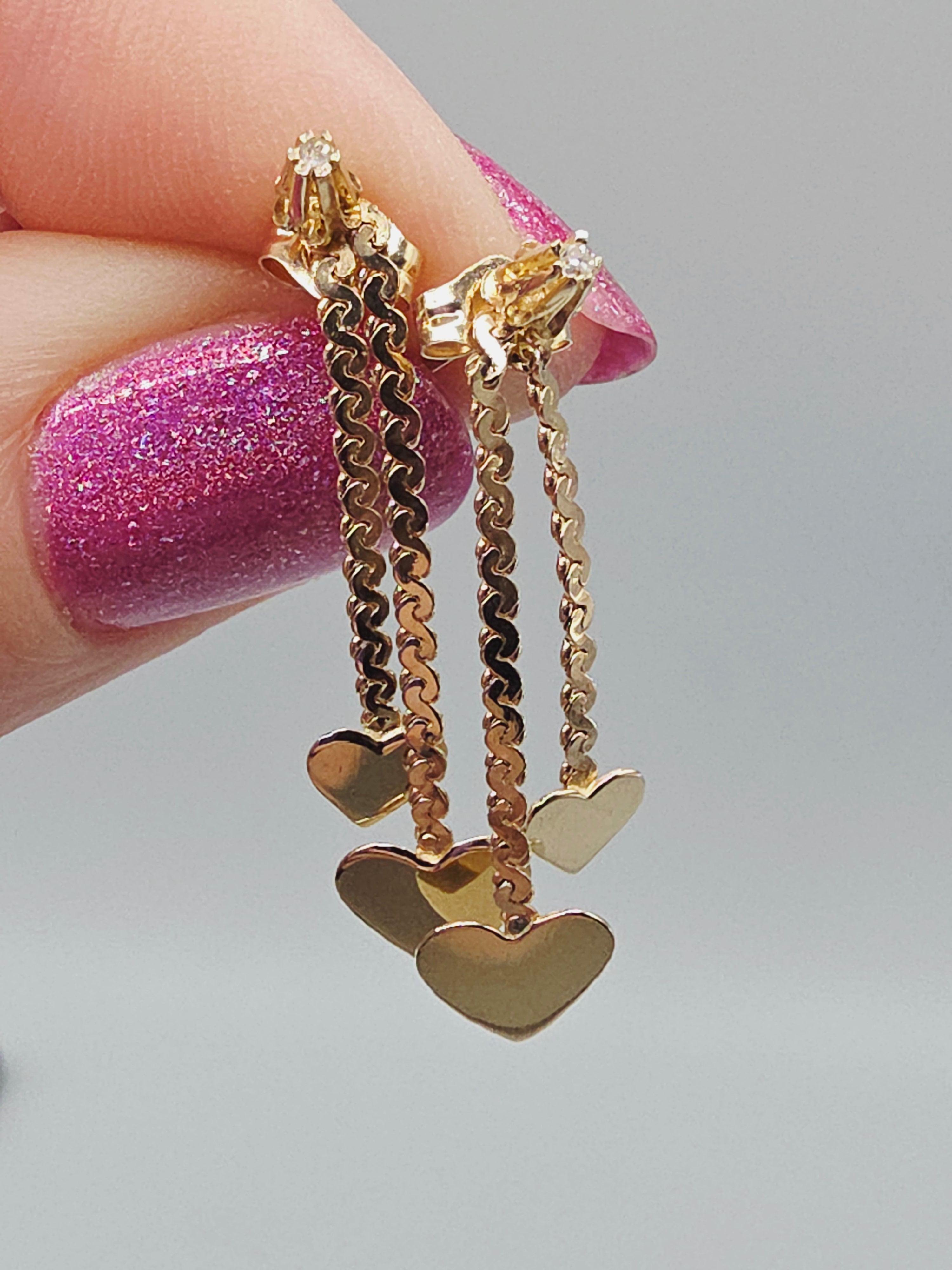 Vintage NABCO Solid 14K Gold Dangle Heart Earrings with White Topaz Accents