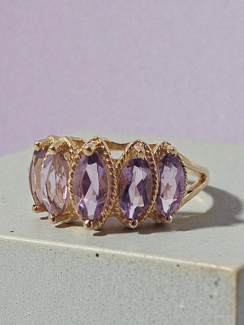 Solid 10K Yellow Gold Ring with Marquise Cut Amethysts Size 7