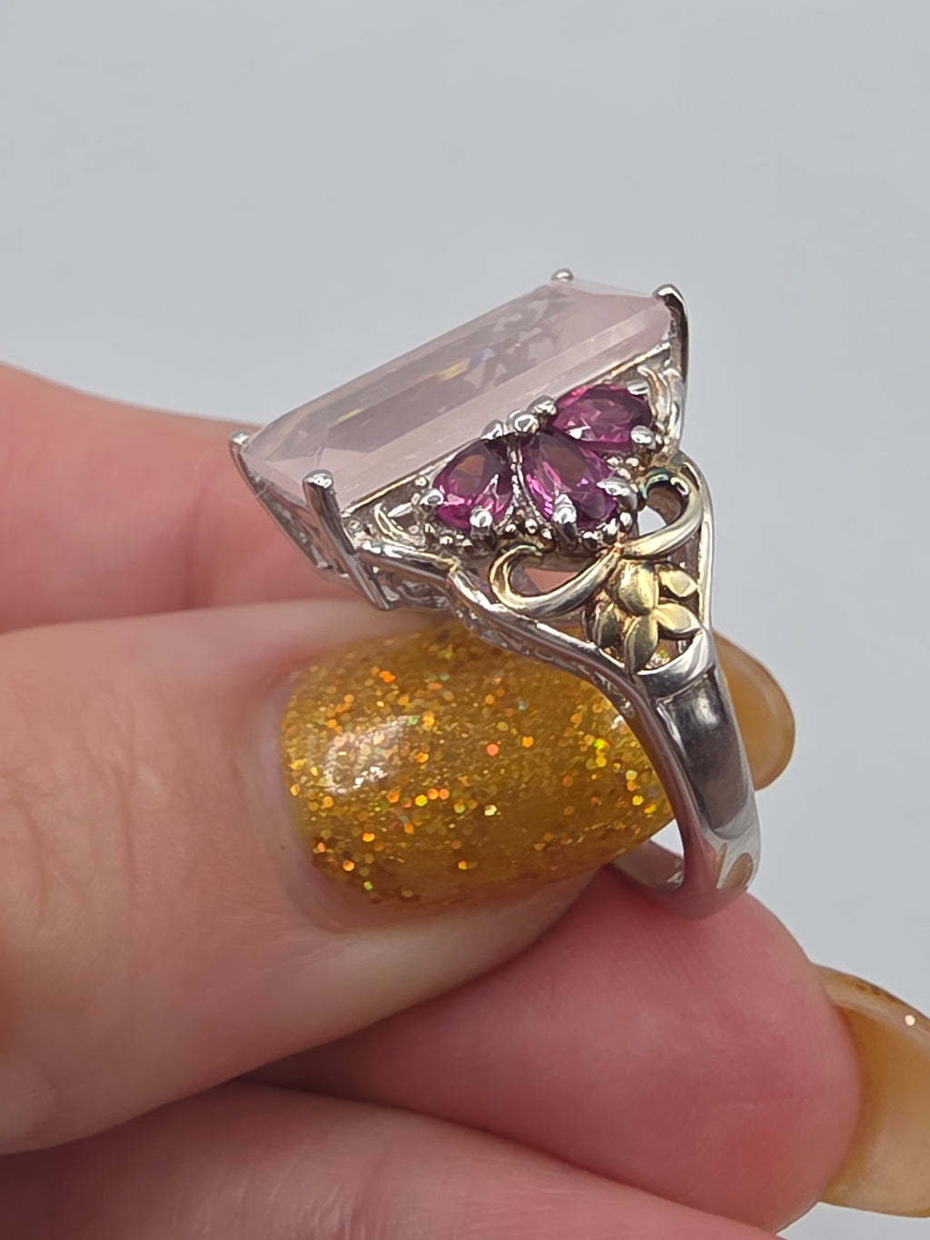 STS Jewels Sterling Silver Pink Quarts & Rhodolite Ring 18K Gold Accents Size 7