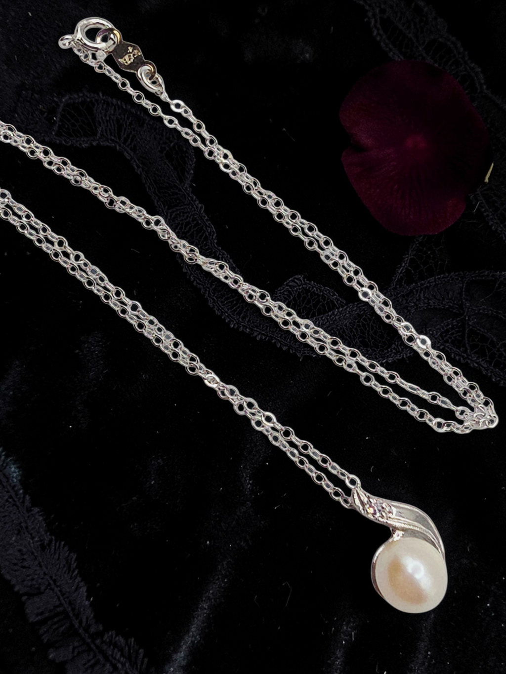 Solid 14K White Gold Necklace with Pearl and Diamond Pendant - 14.5 Inch