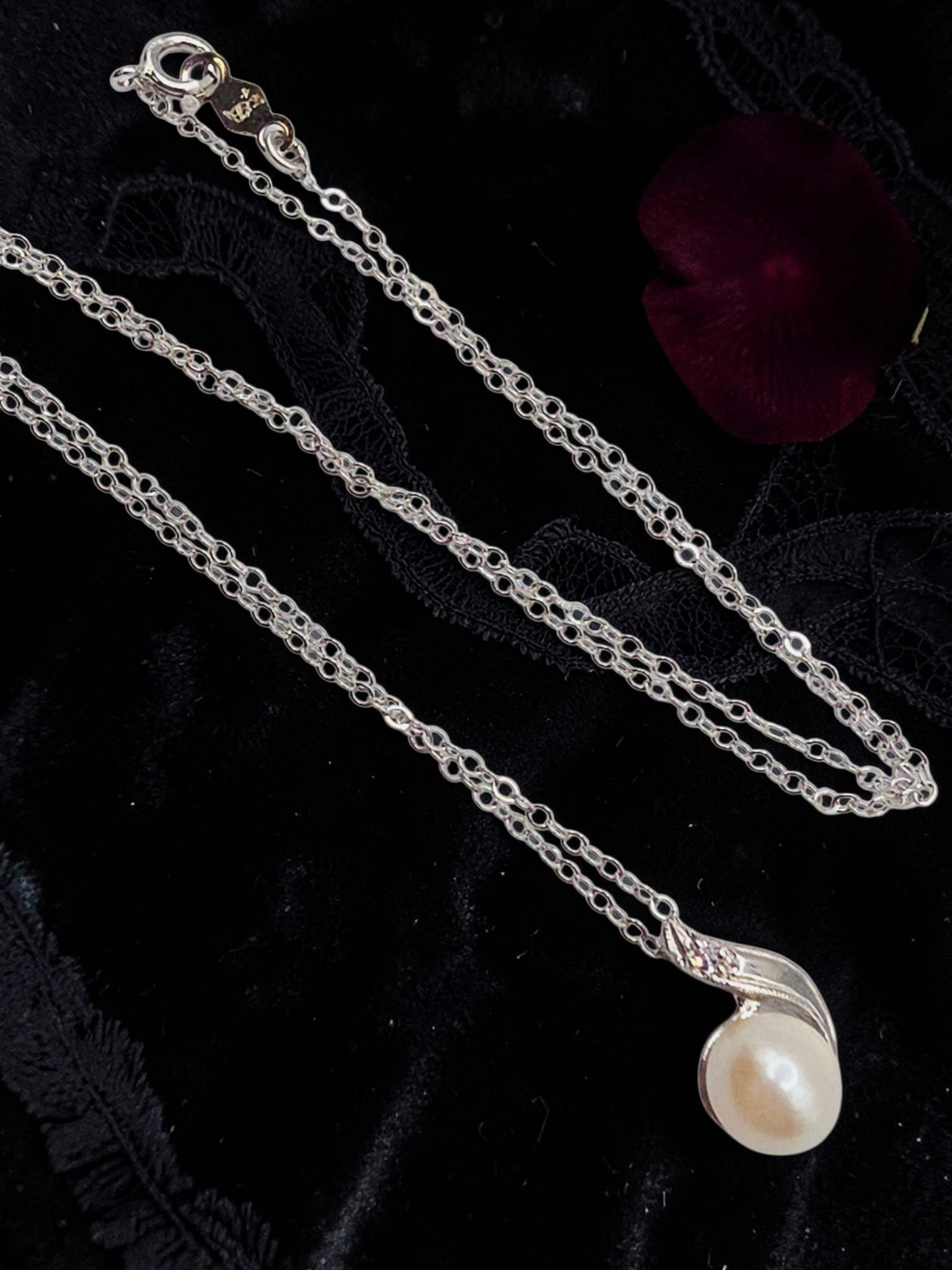 Solid 14K White Gold Necklace with Pearl and Diamond Pendant - 14.5 Inch