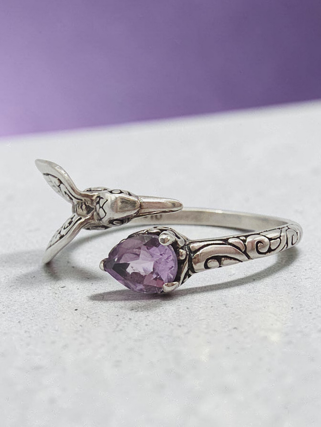 925 Sterling Silver Ring with Pear Cut Amethyst & Hummingbird - Size 8