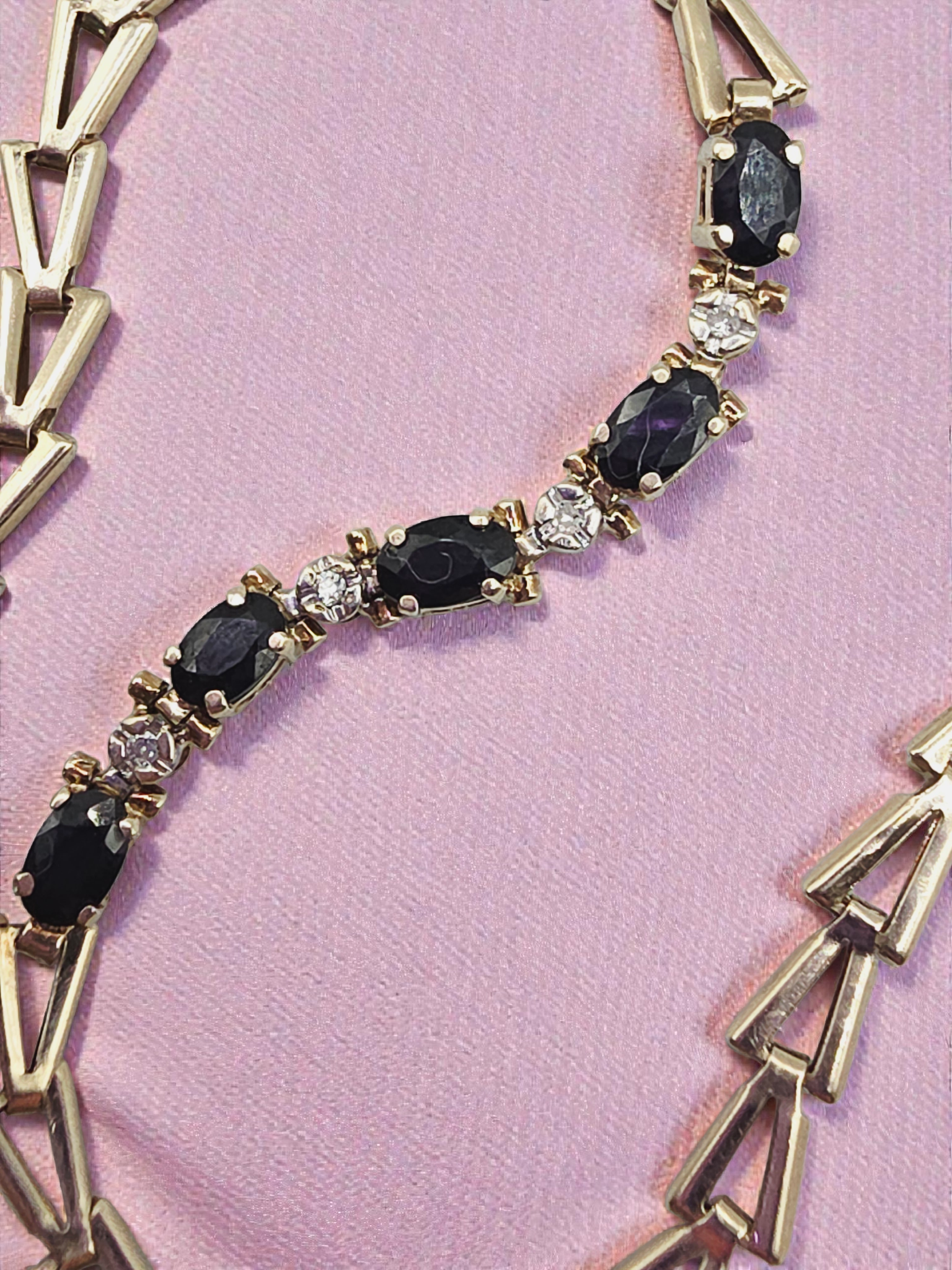 Solid 10K Yellow Gold Bracelet with Blue Sapphires and Diamonds - 7.25 Inch