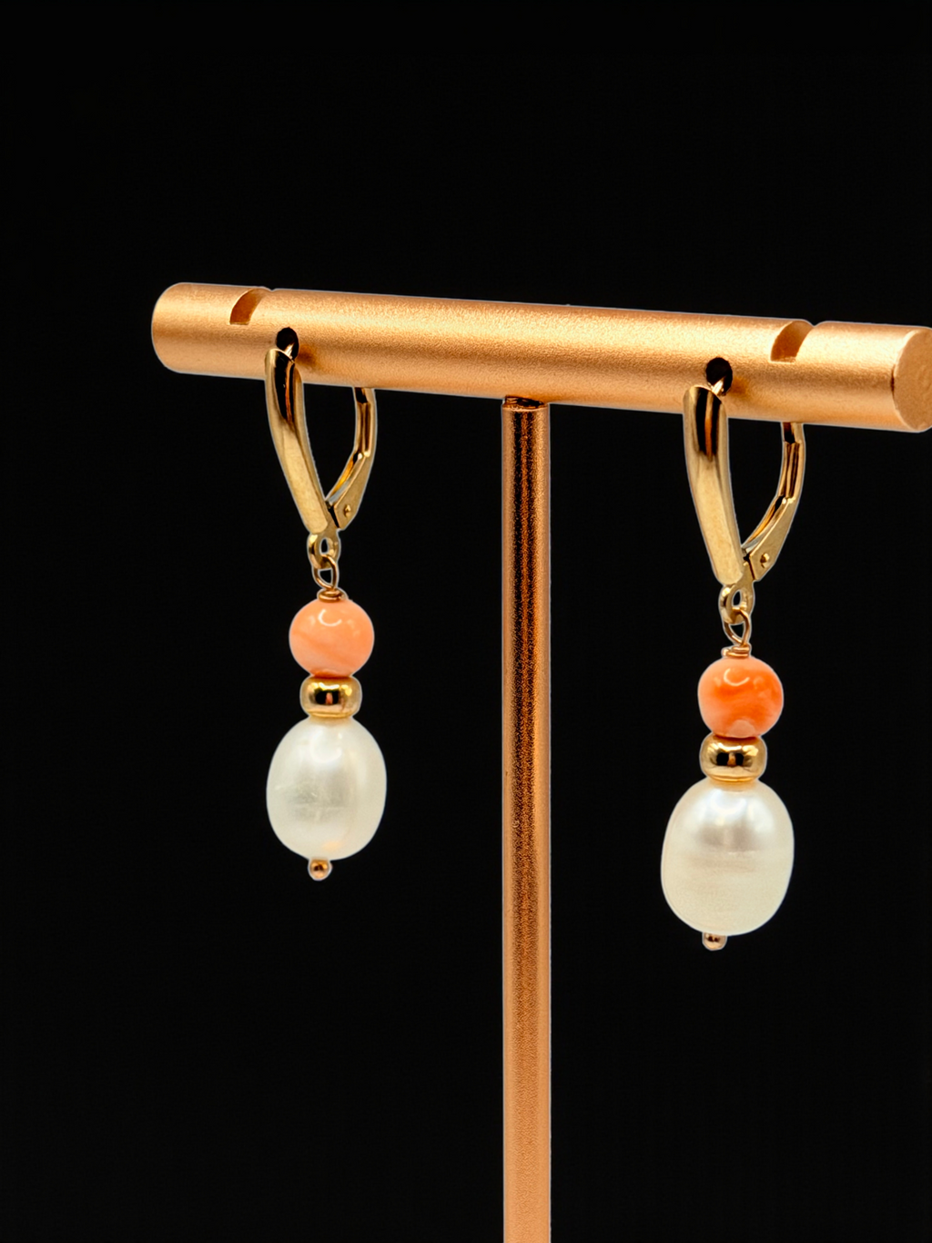 Solid 14K Yellow Gold Dangle Earrings with Coral Beads and Pearls