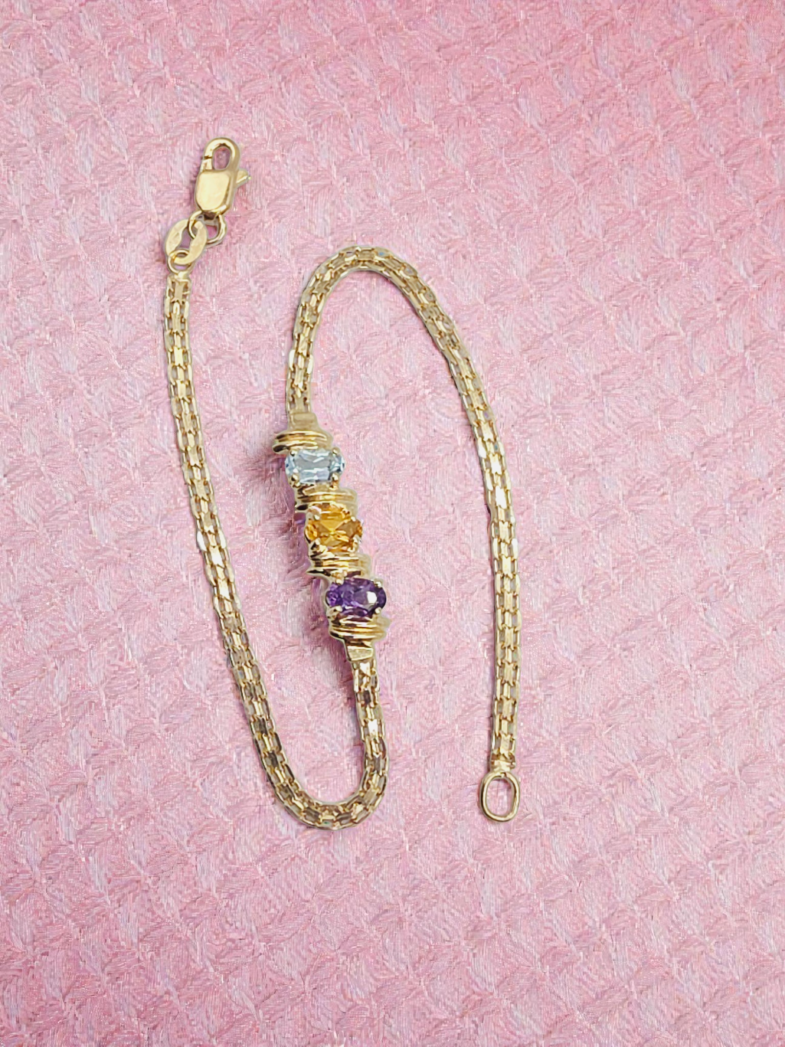 Solid 14K Gold Bracelet with Amethyst, Citrine, and Blue Topaz - 7 Inch