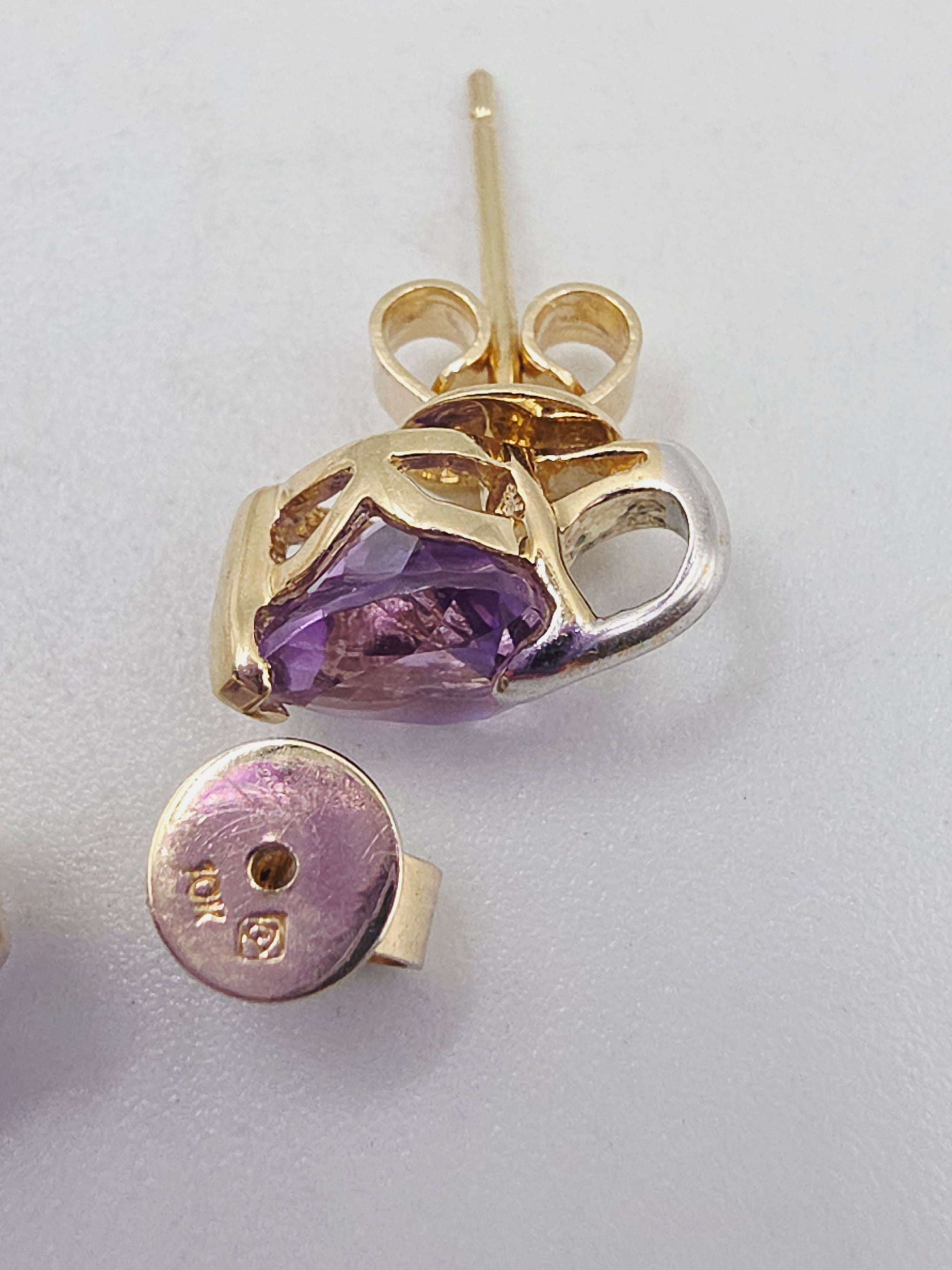 Solid 10 Two-Tone Gold Stud Earrings with Heart-Cut Amethyst