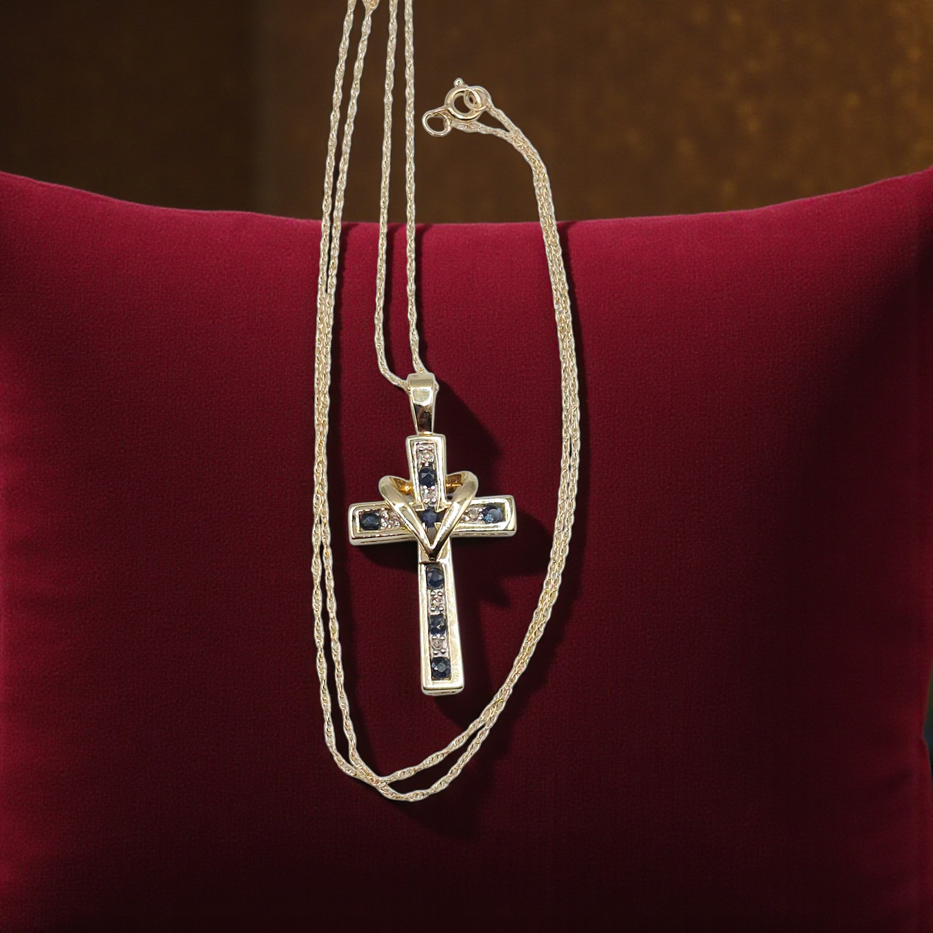 Solid 10K Gold Cross Pendant Necklace - Blue Sapphires & Diamonds - 18 Inch
