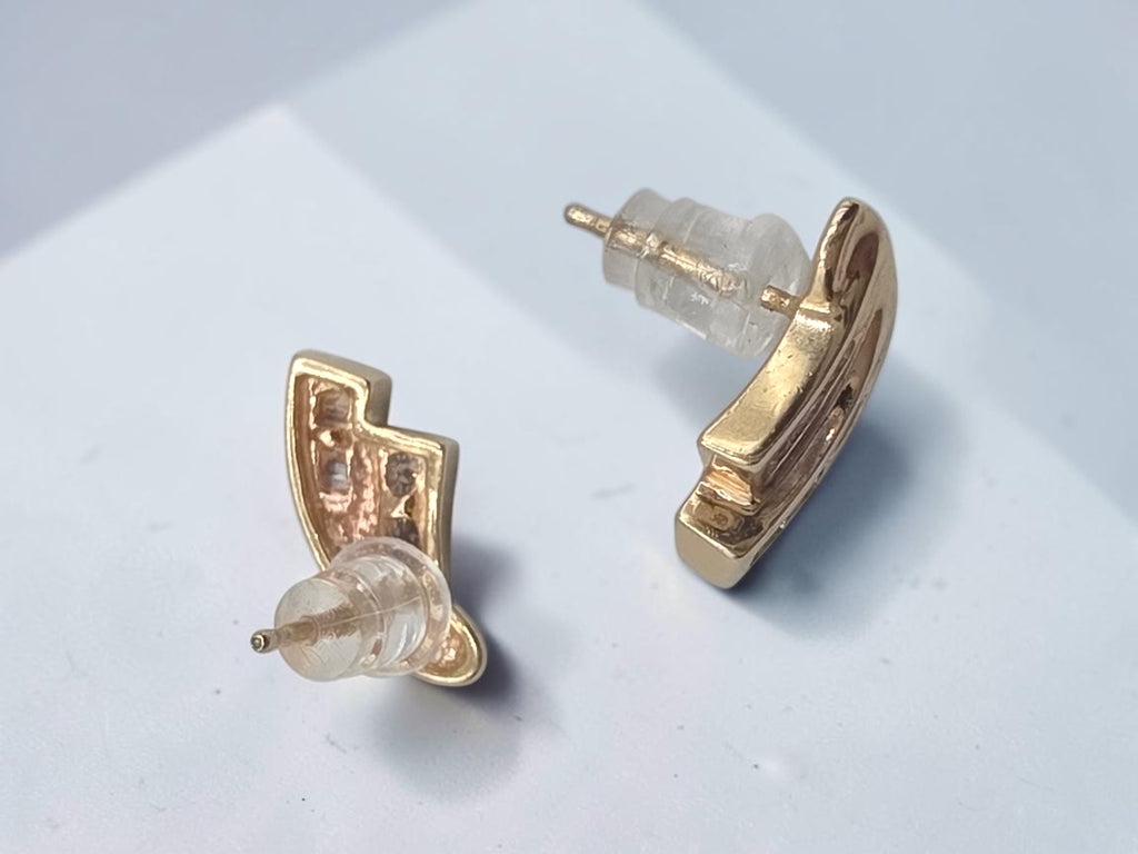 Solid 10K Yellow Gold Round & Baguette Diamond Swirl Stud Earrings